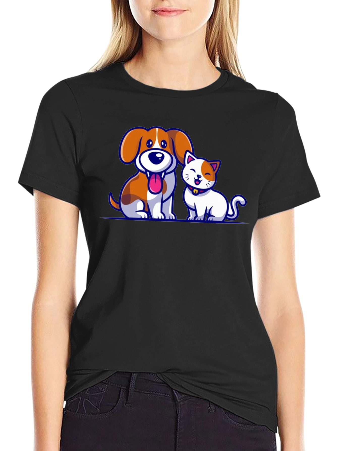 Cartoon Dog and Cat Graphic T-Shirt