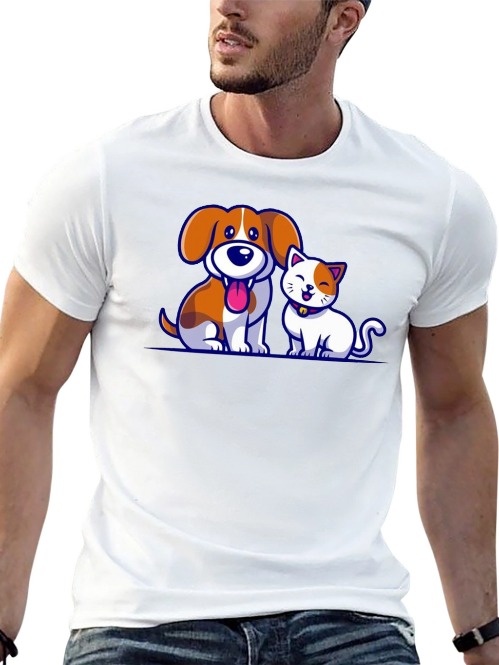 Cartoon Dog and Cat Graphic T-Shirt