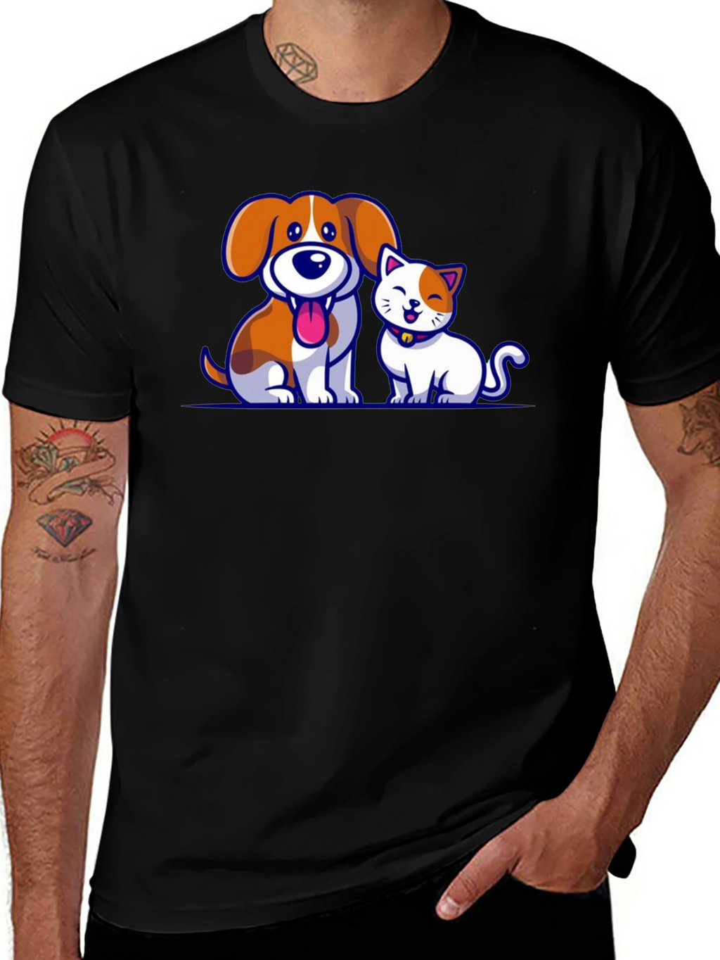 Cartoon Dog and Cat Graphic T-Shirt