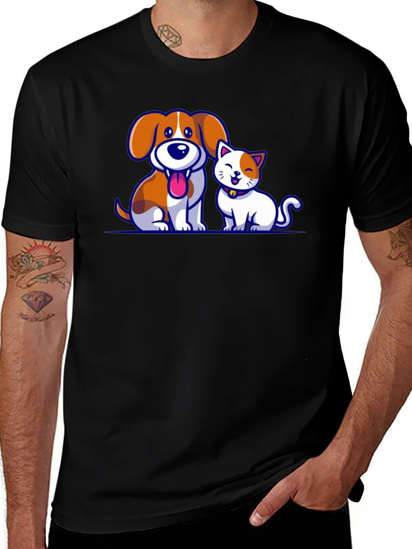 Cartoon Dog and Cat Graphic T-Shirt