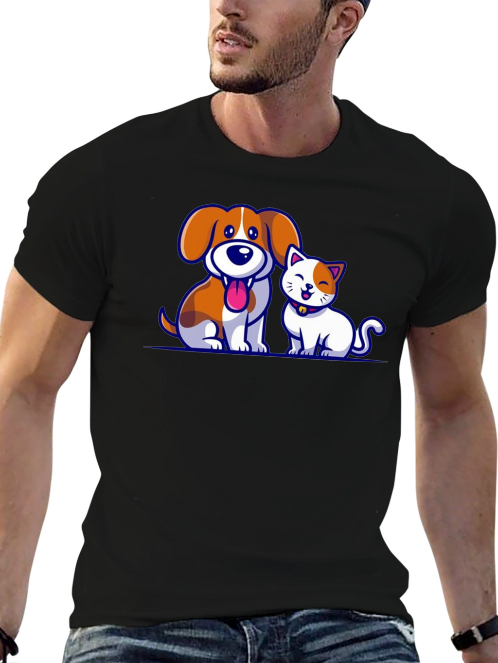 Cartoon Dog and Cat Graphic T-Shirt