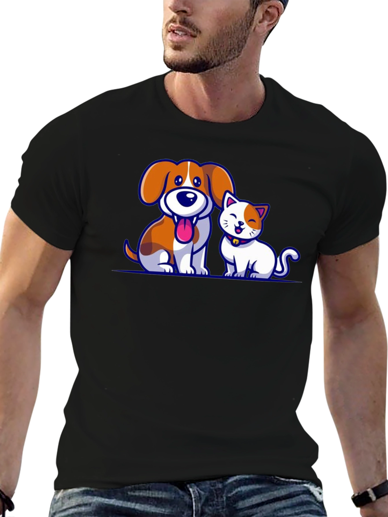 Cartoon Dog and Cat Graphic T-Shirt