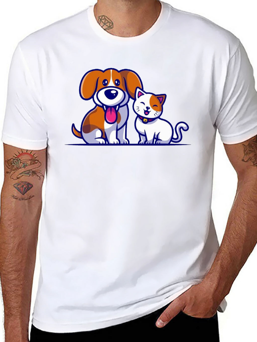 Cartoon Dog and Cat Graphic T-Shirt