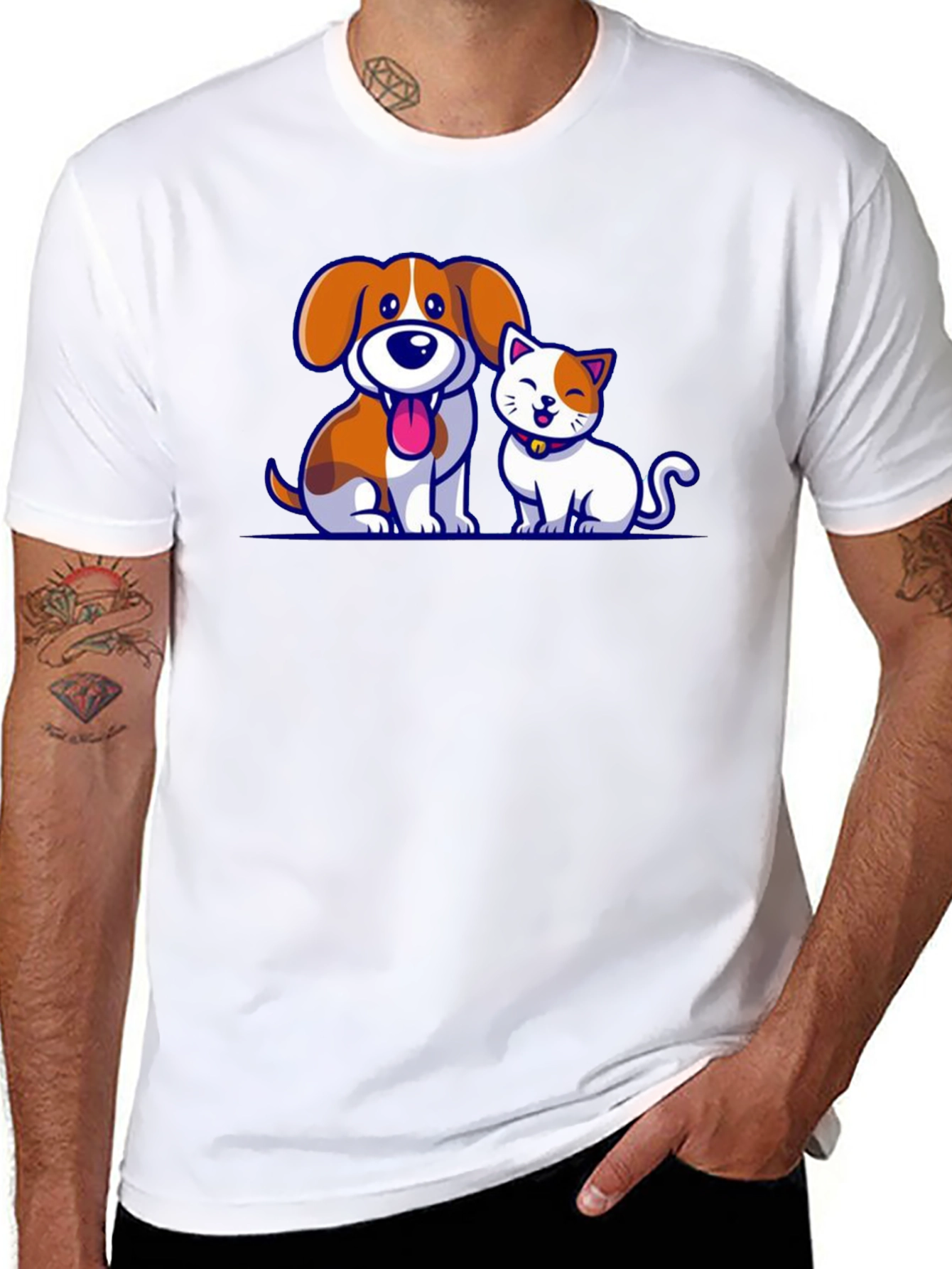 Cartoon Dog and Cat Graphic T-Shirt
