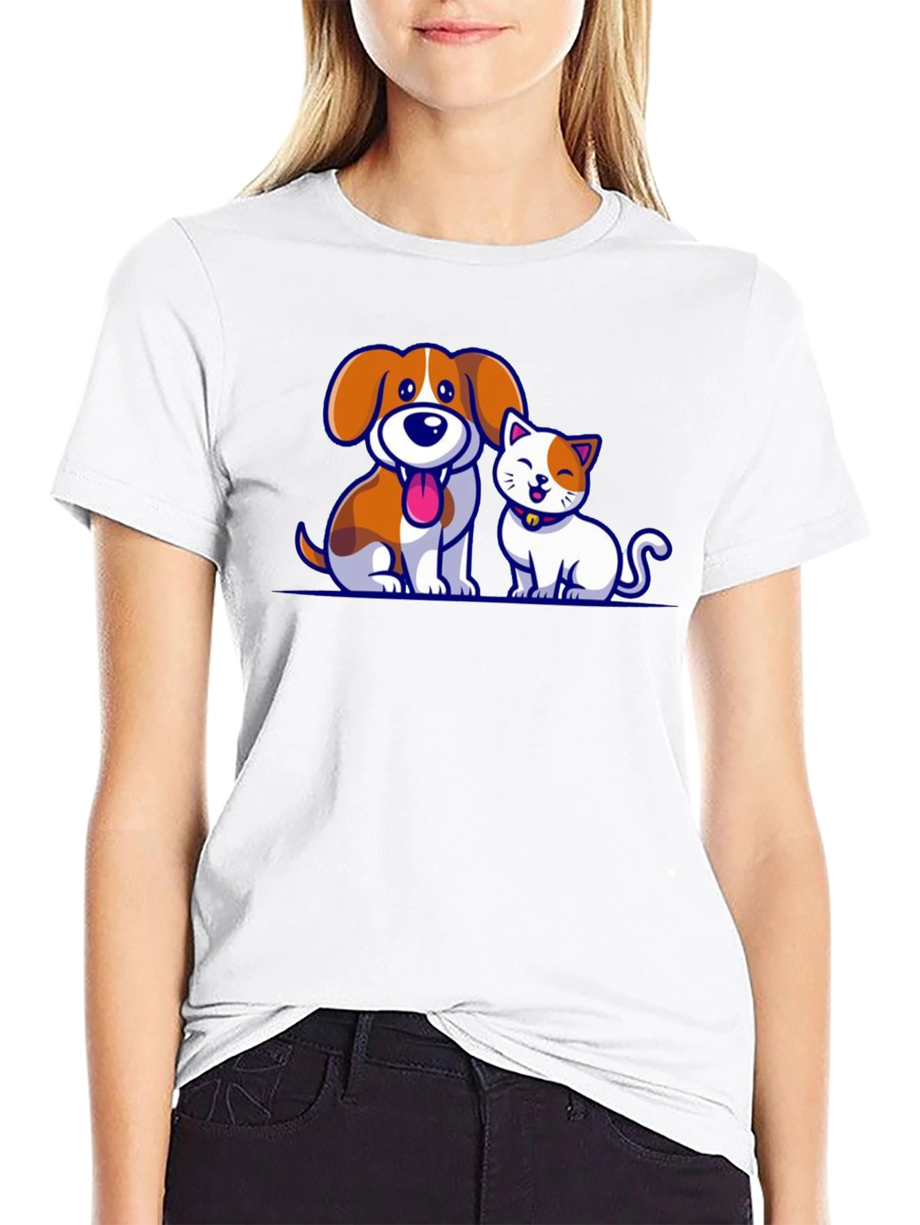 Cartoon Dog and Cat Graphic T-Shirt