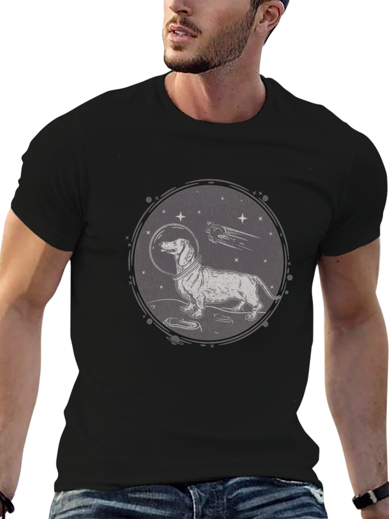 Dachshund Astronaut Graphic T-Shirt - Black Crew Neck