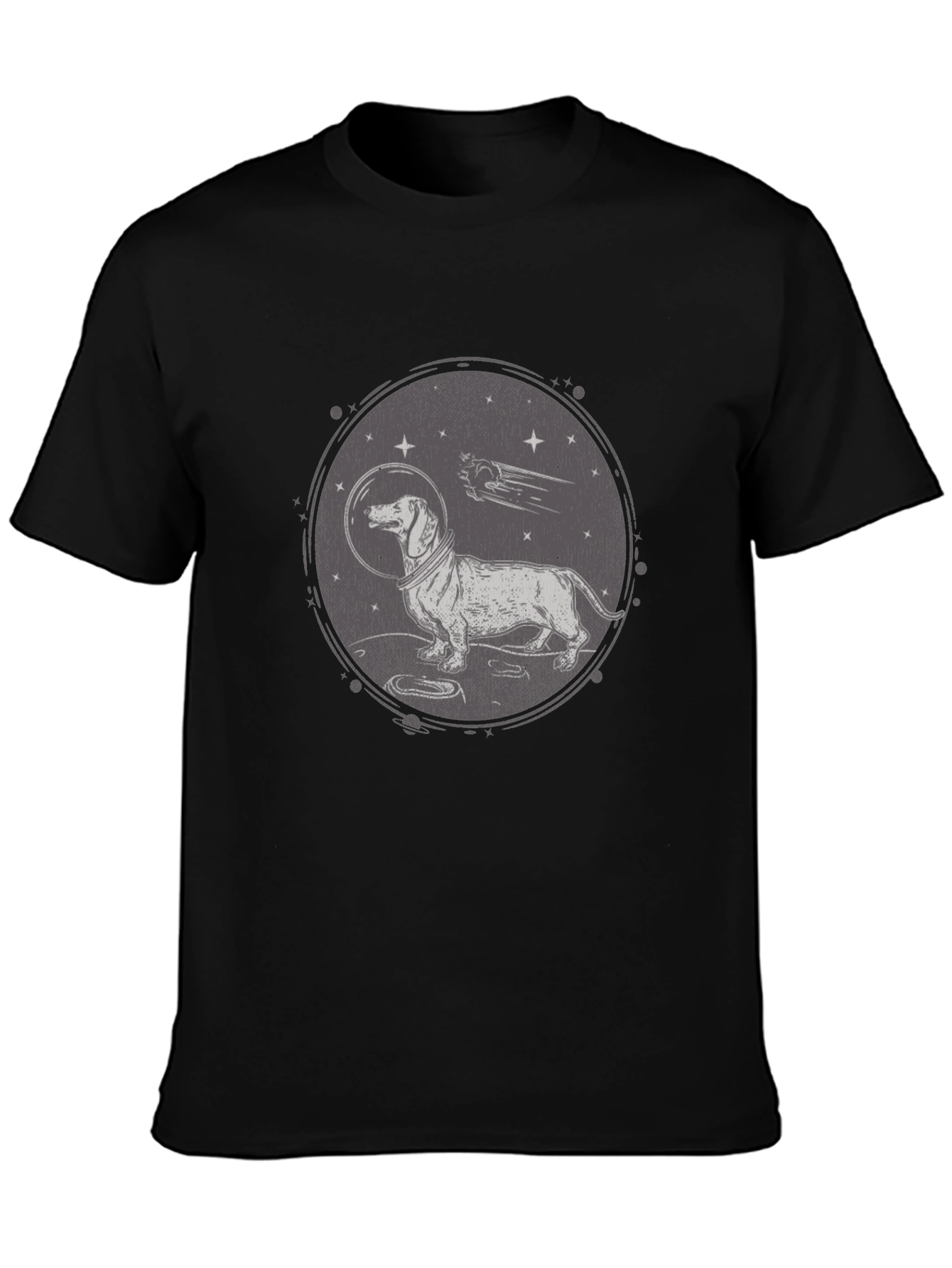 Dachshund Astronaut Graphic T-Shirt - Black Crew Neck
