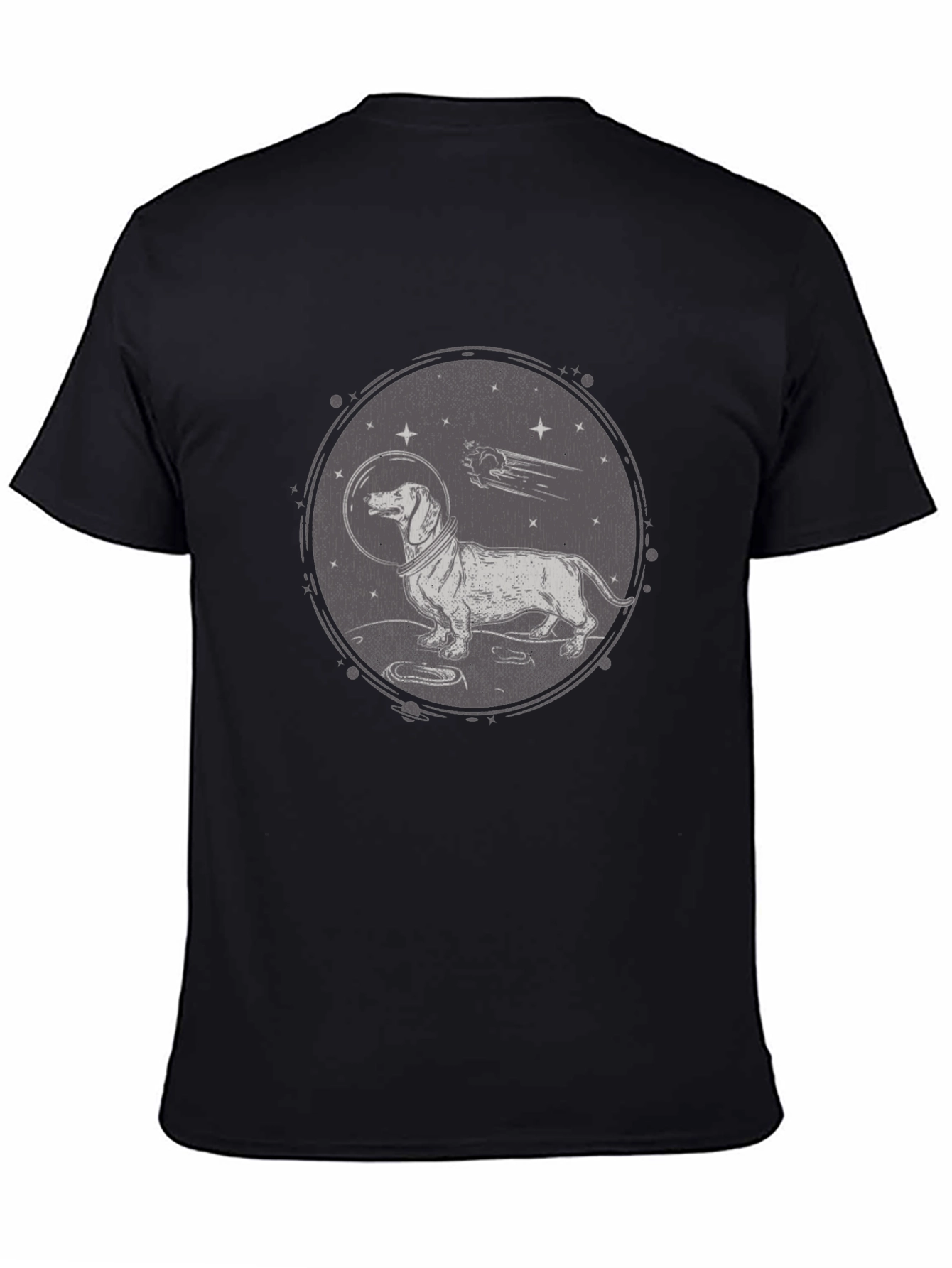 Dachshund Astronaut Graphic T-Shirt - Black Crew Neck