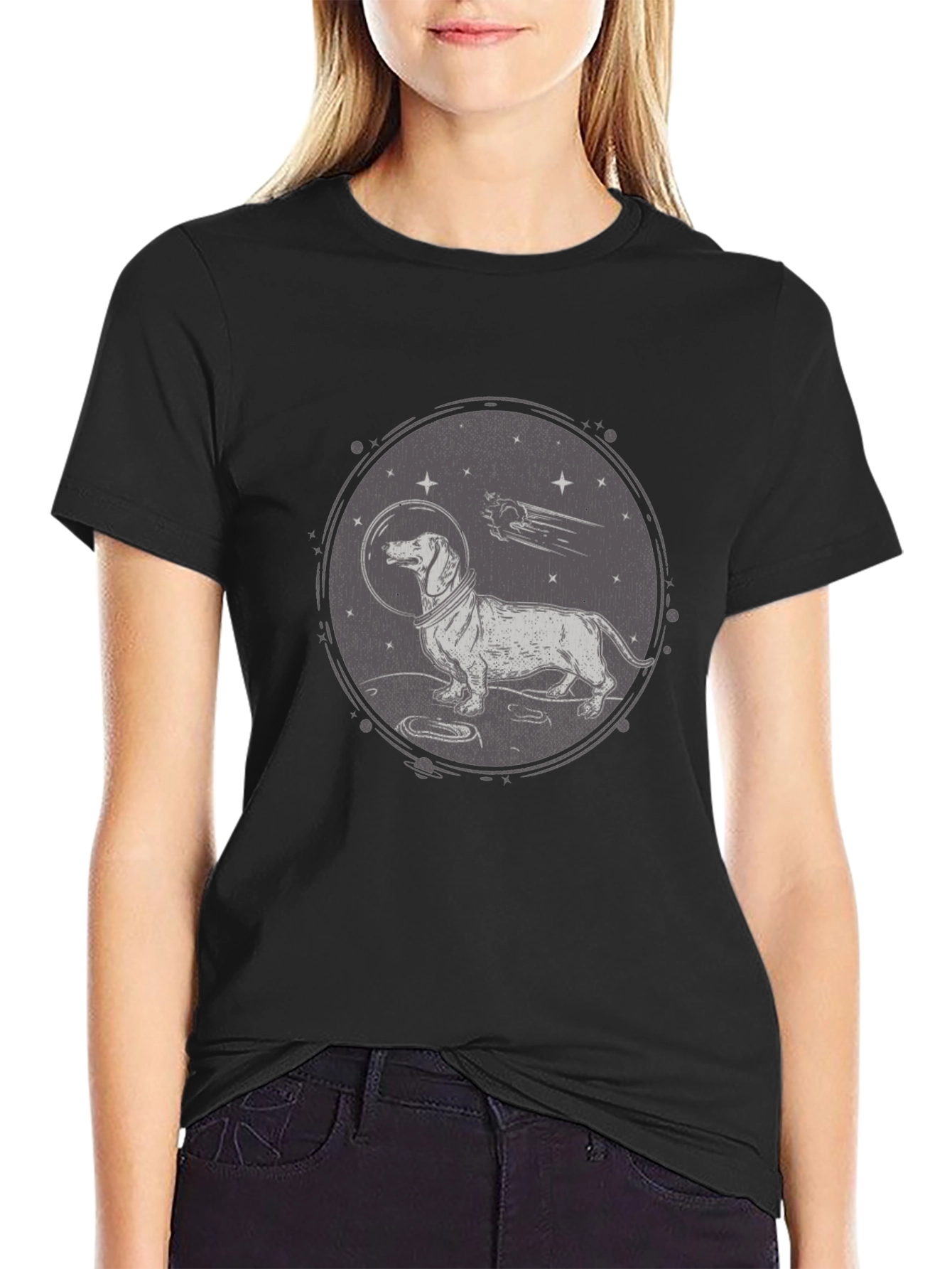 Dachshund Astronaut Graphic T-Shirt - Black Crew Neck