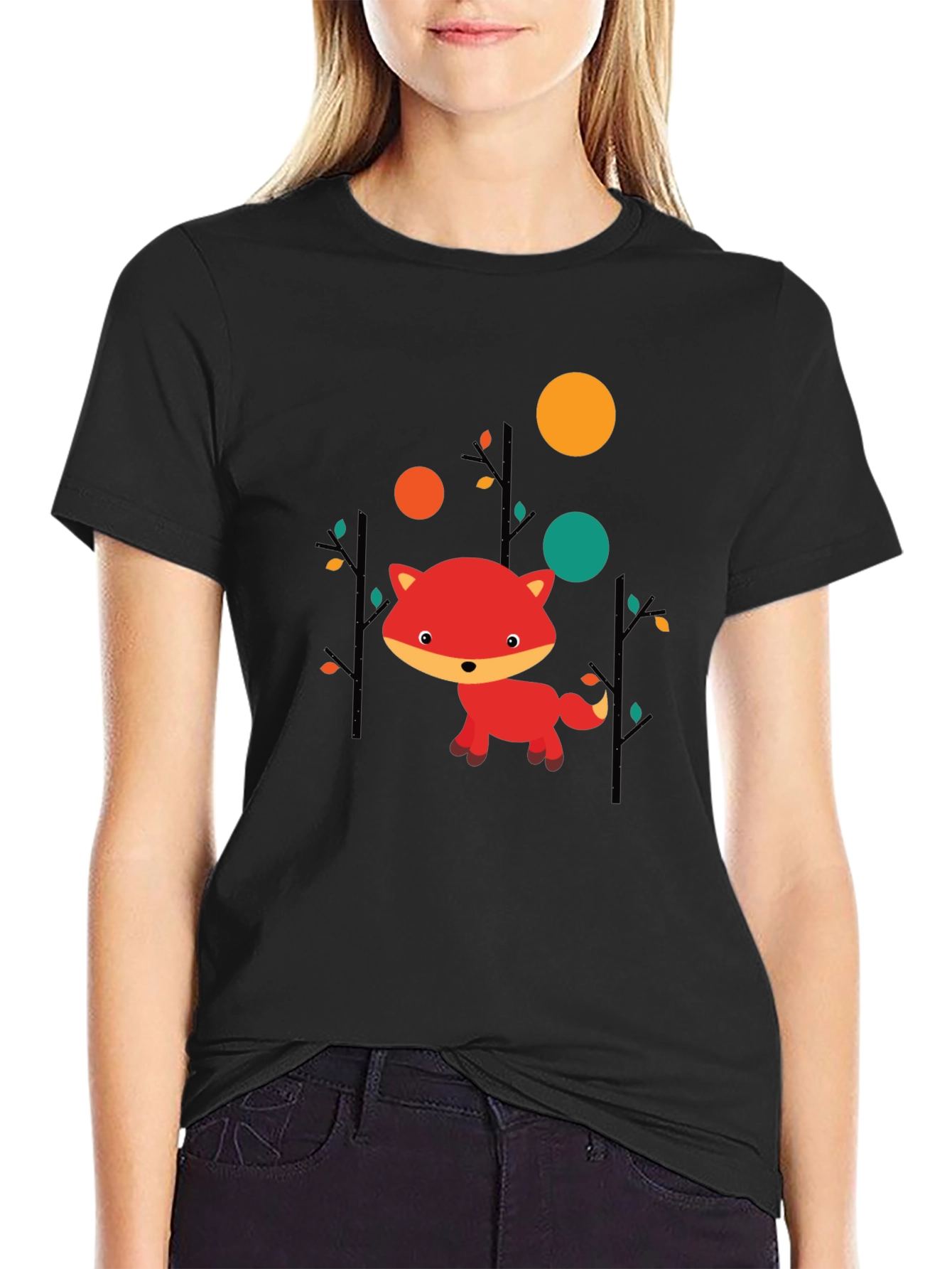 Cute Fox Graphic Black T-Shirt