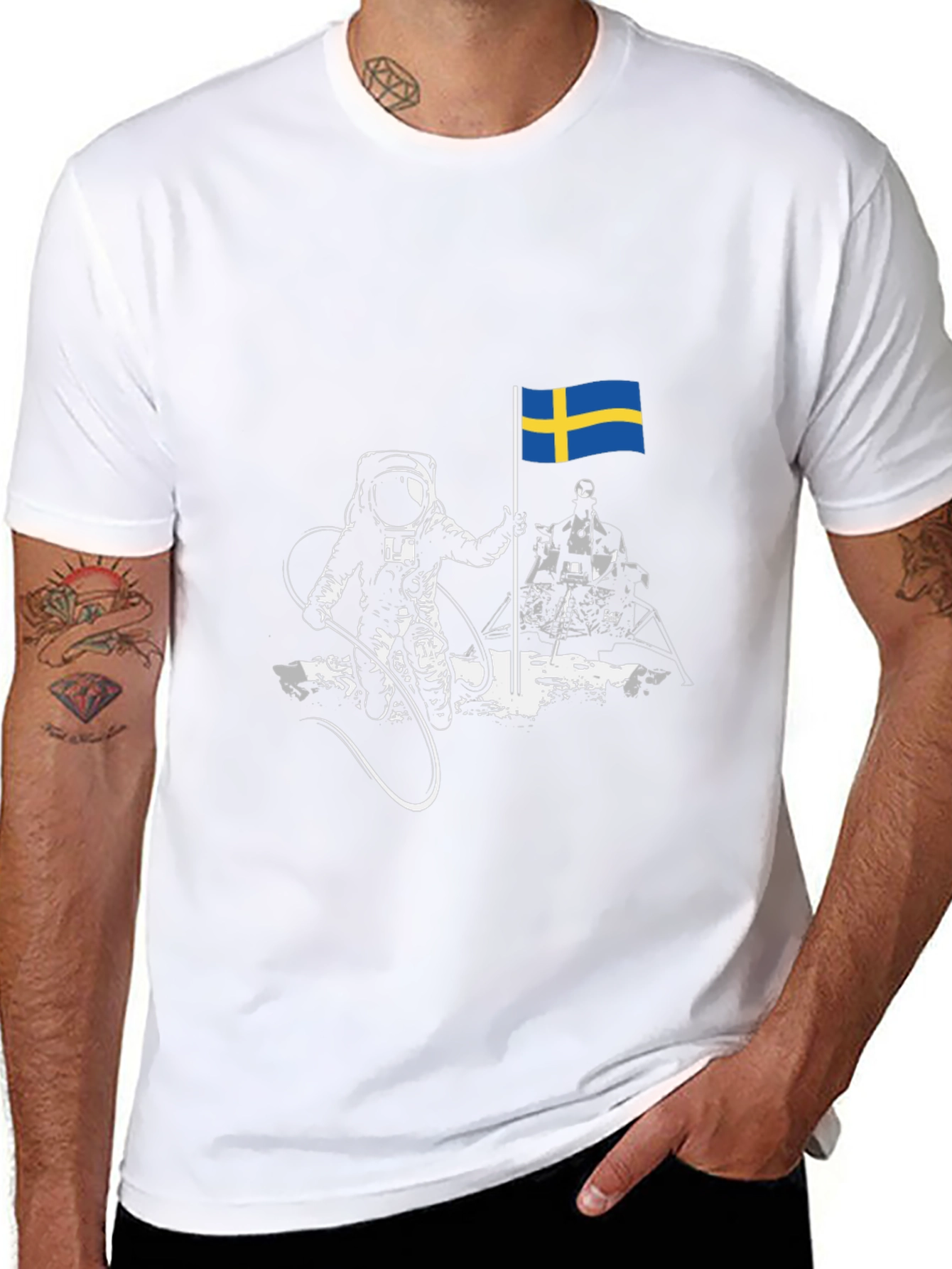 Astronaut Sweden Flag Graphic Tee - Cool Space T-Shirt