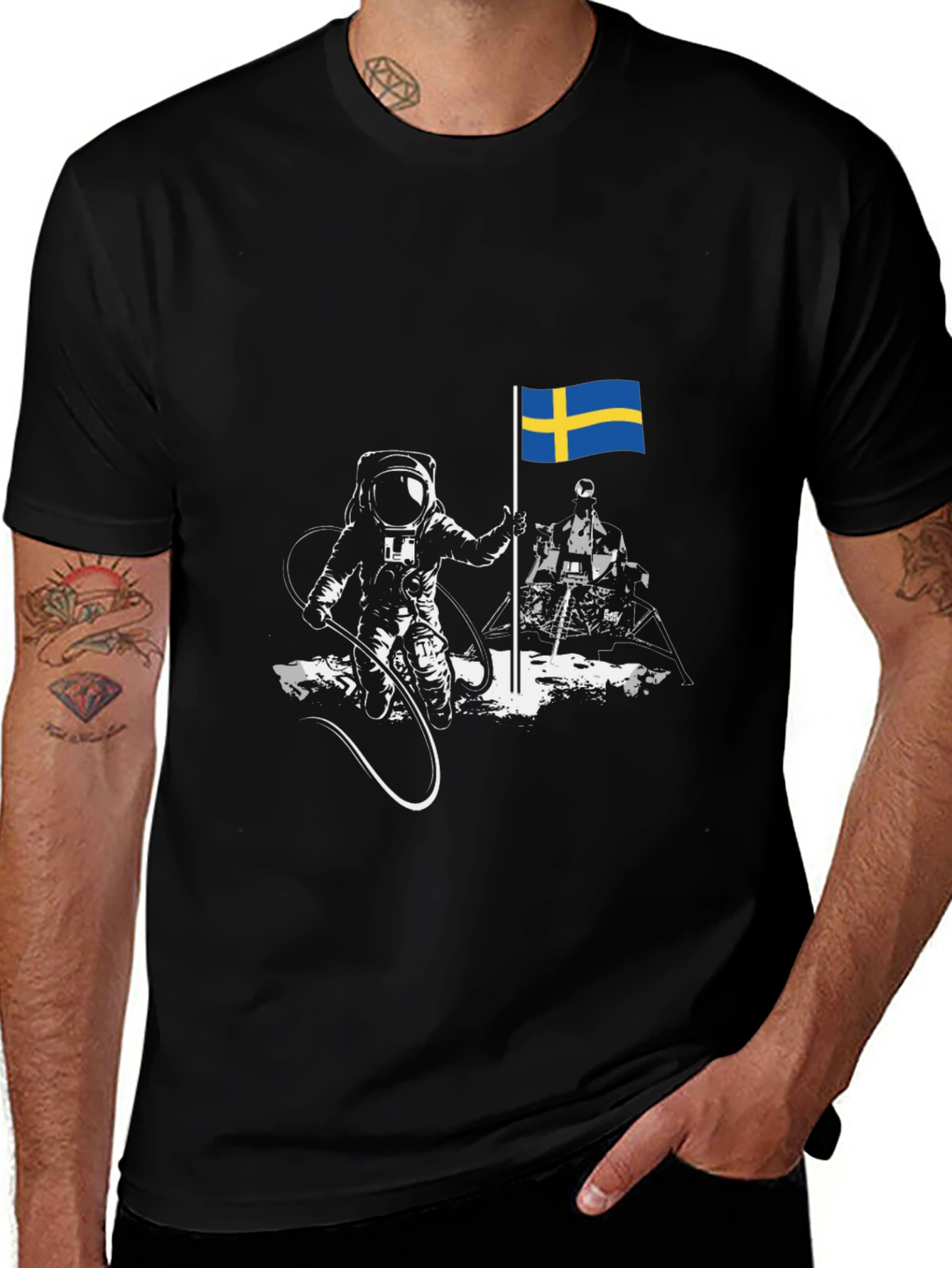 Astronaut Sweden Flag Graphic Tee - Cool Space T-Shirt