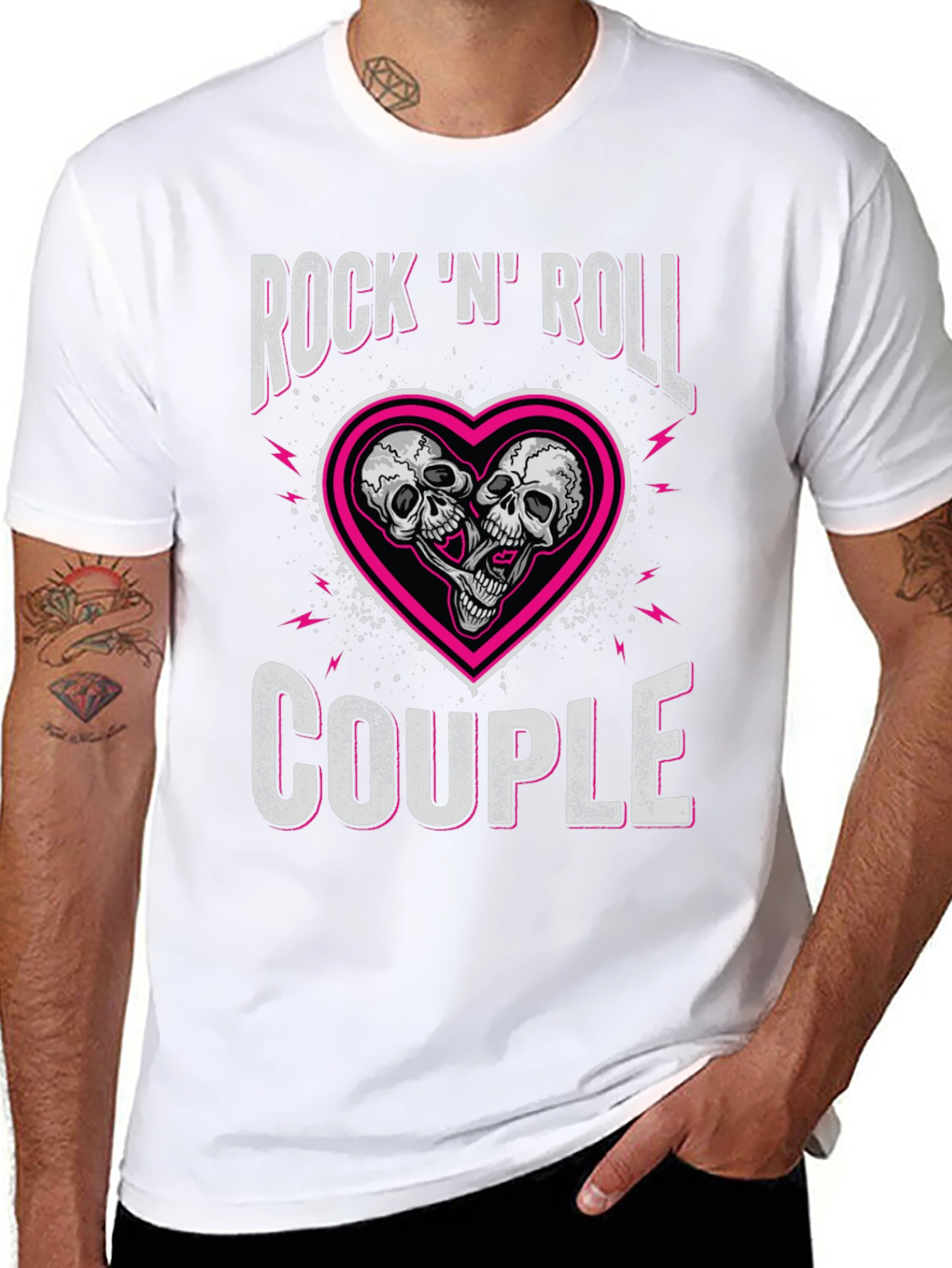 Rock N Roll Couple Skull Heart Graphic Tee