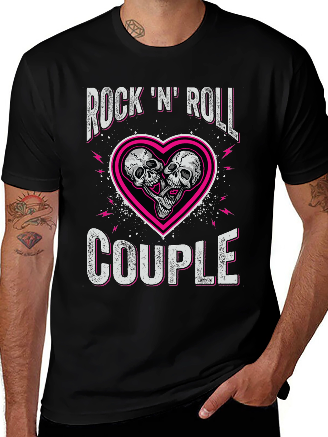Rock N Roll Couple Skull Heart Graphic Tee