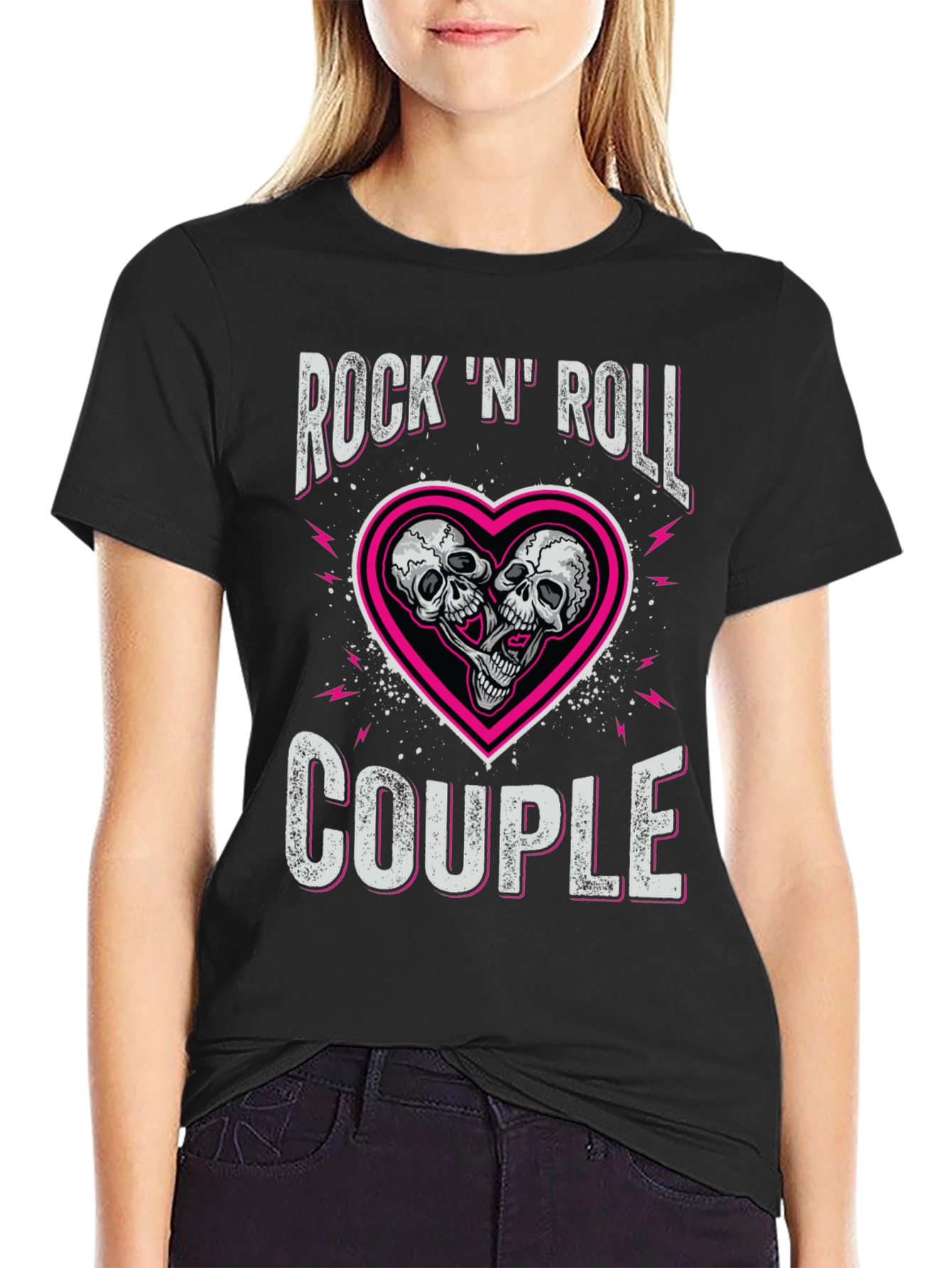Rock N Roll Couple Skull Heart Graphic Tee