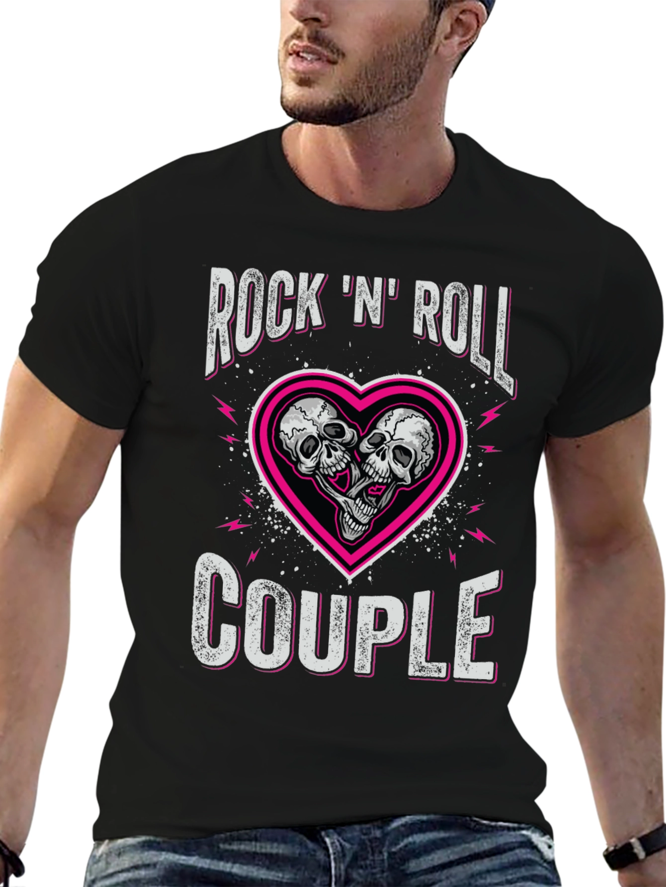 Rock N Roll Couple Skull Heart Graphic Tee