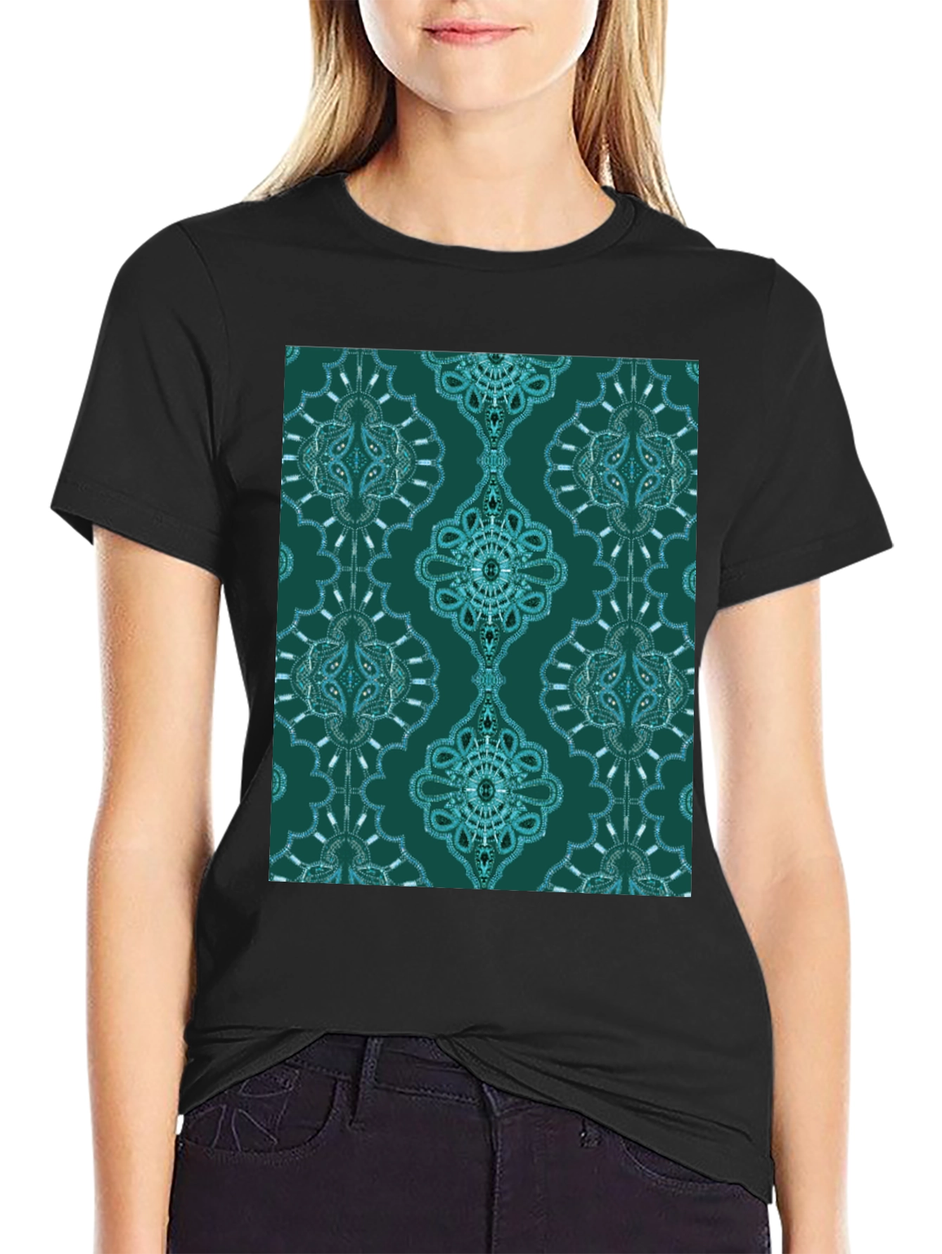 Stylish Patterned Teal T-Shirt