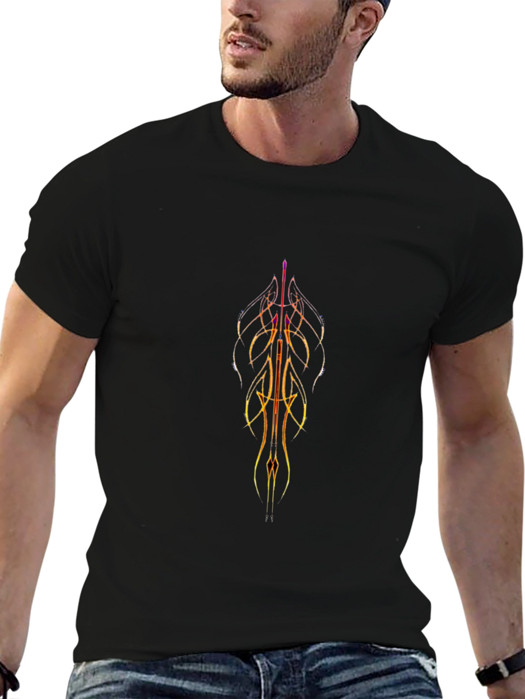 Abstract Striped Graphic Black Tee