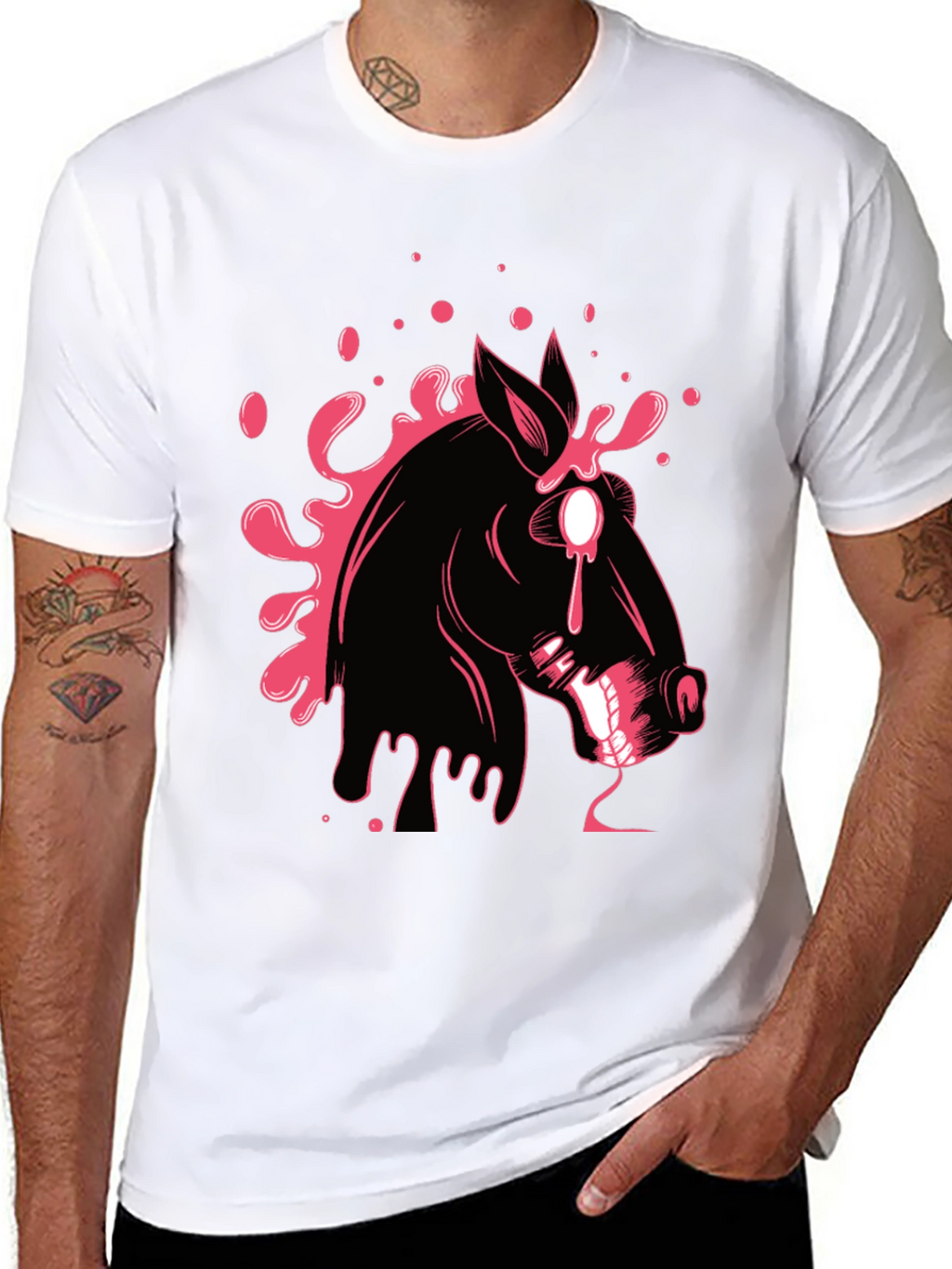 Graphic Print Black T-Shirt with Horse Design