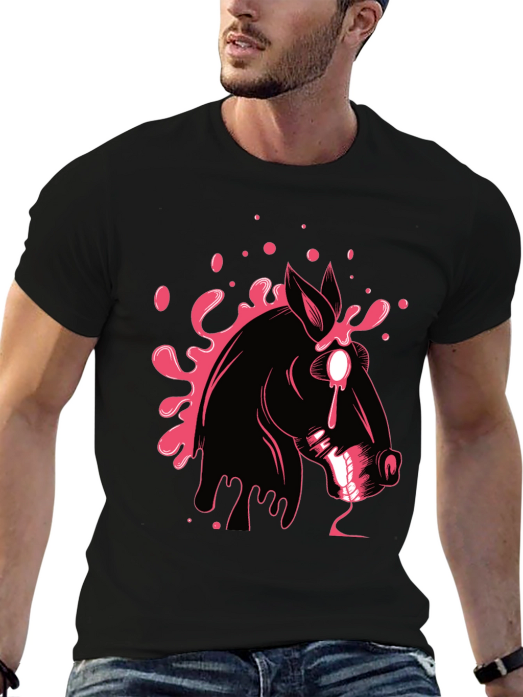 Graphic Print Black T-Shirt with Horse Design