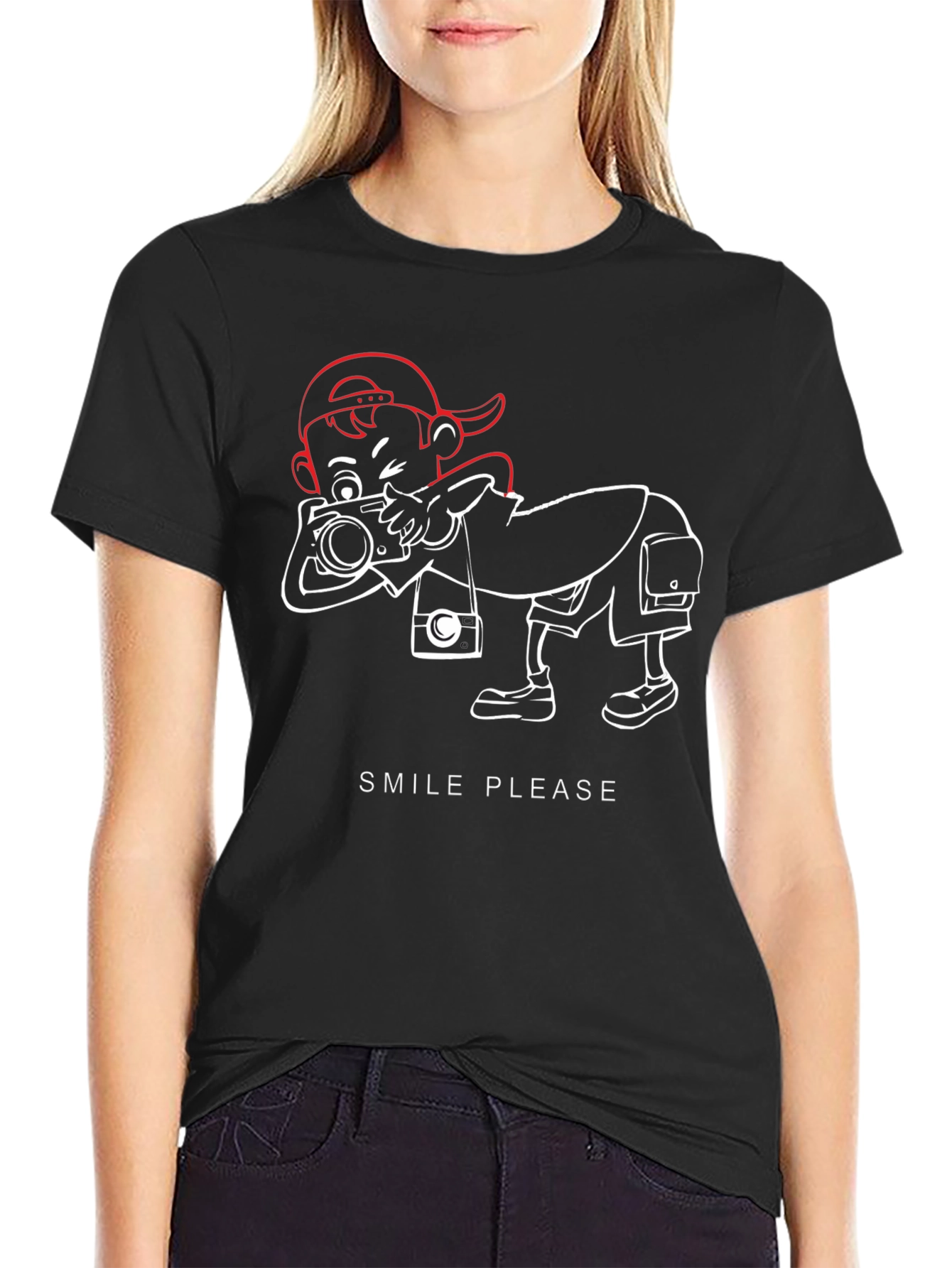 Smile Please Black Graphic Tee - Photographer Cartoon Design