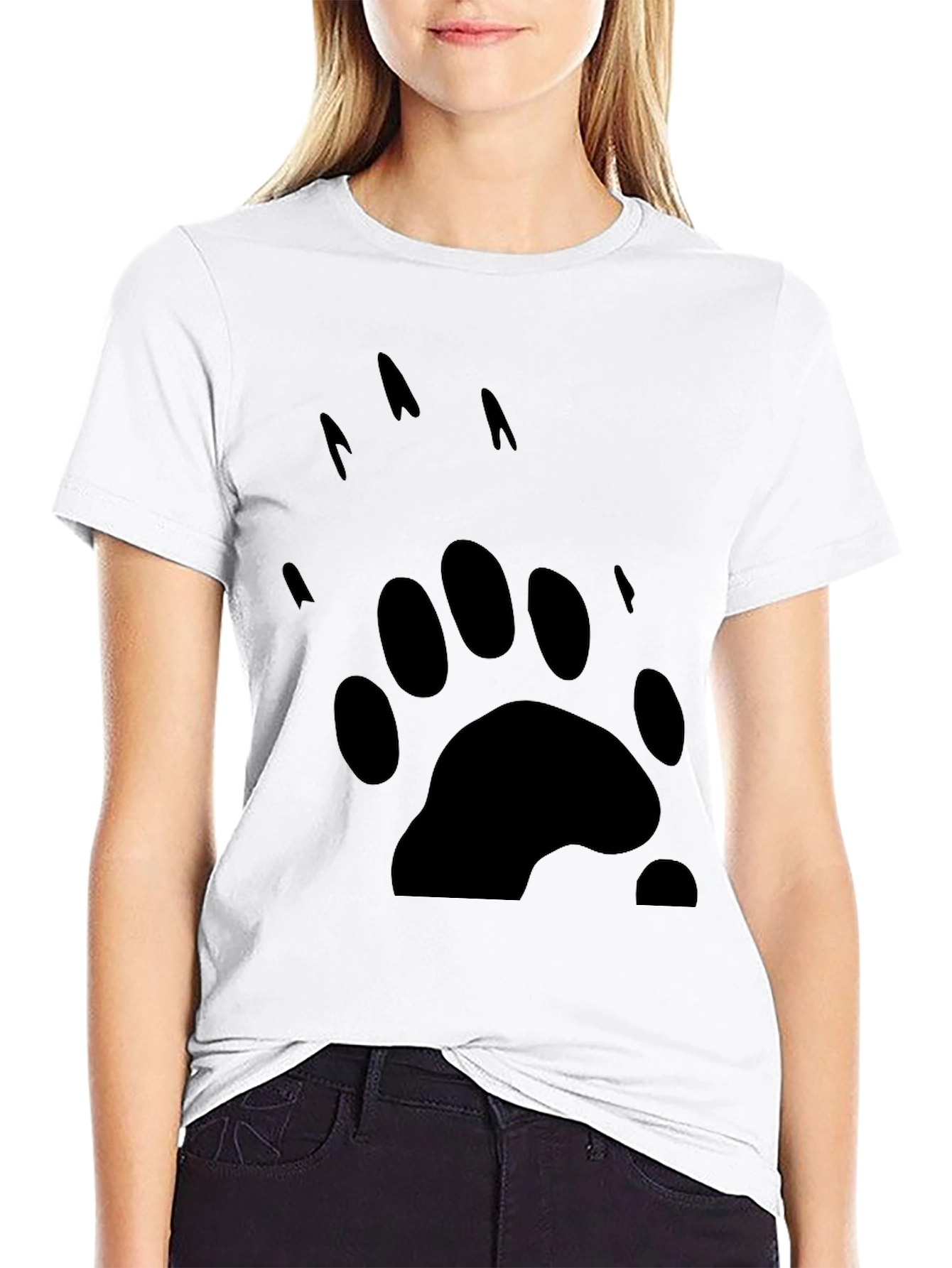 Bear Paw Print Graphic Tee - Black Cotton T-Shirt