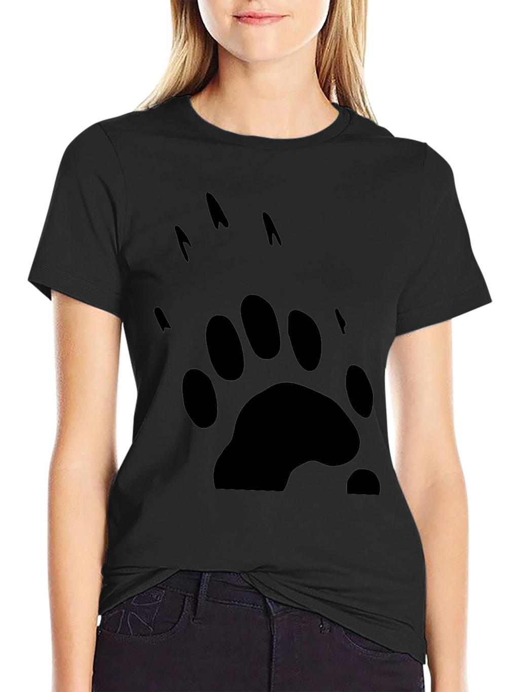 Bear Paw Print Graphic Tee - Black Cotton T-Shirt