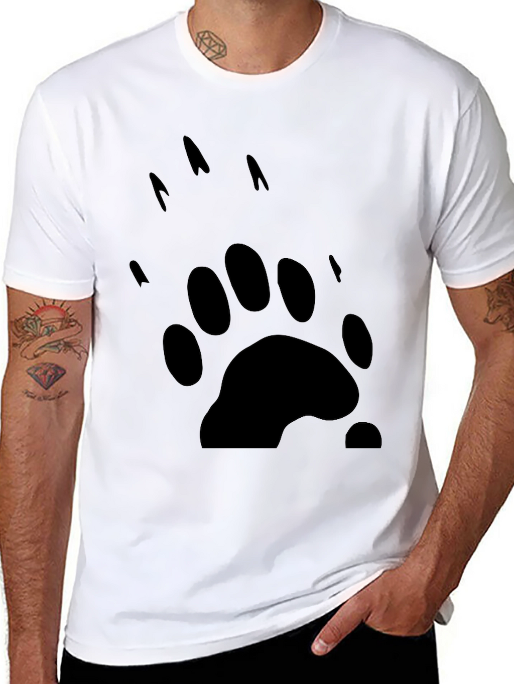 Bear Paw Print Graphic Tee - Black Cotton T-Shirt