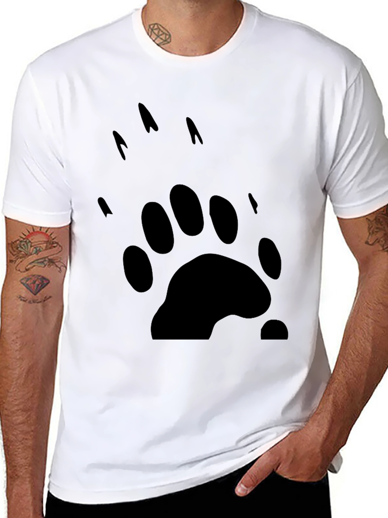 Bear Paw Print Graphic Tee - Black Cotton T-Shirt