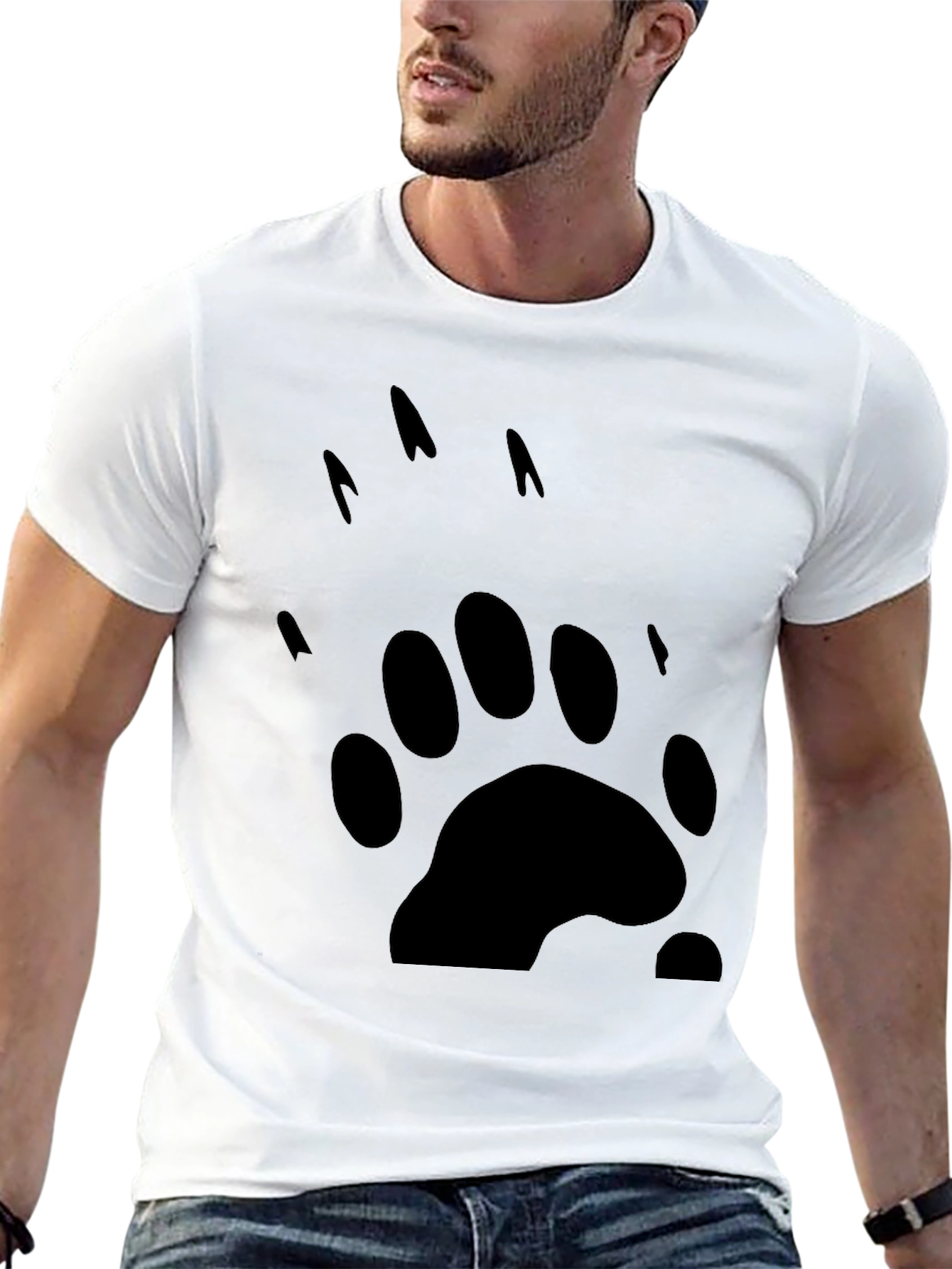 Bear Paw Print Graphic Tee - Black Cotton T-Shirt