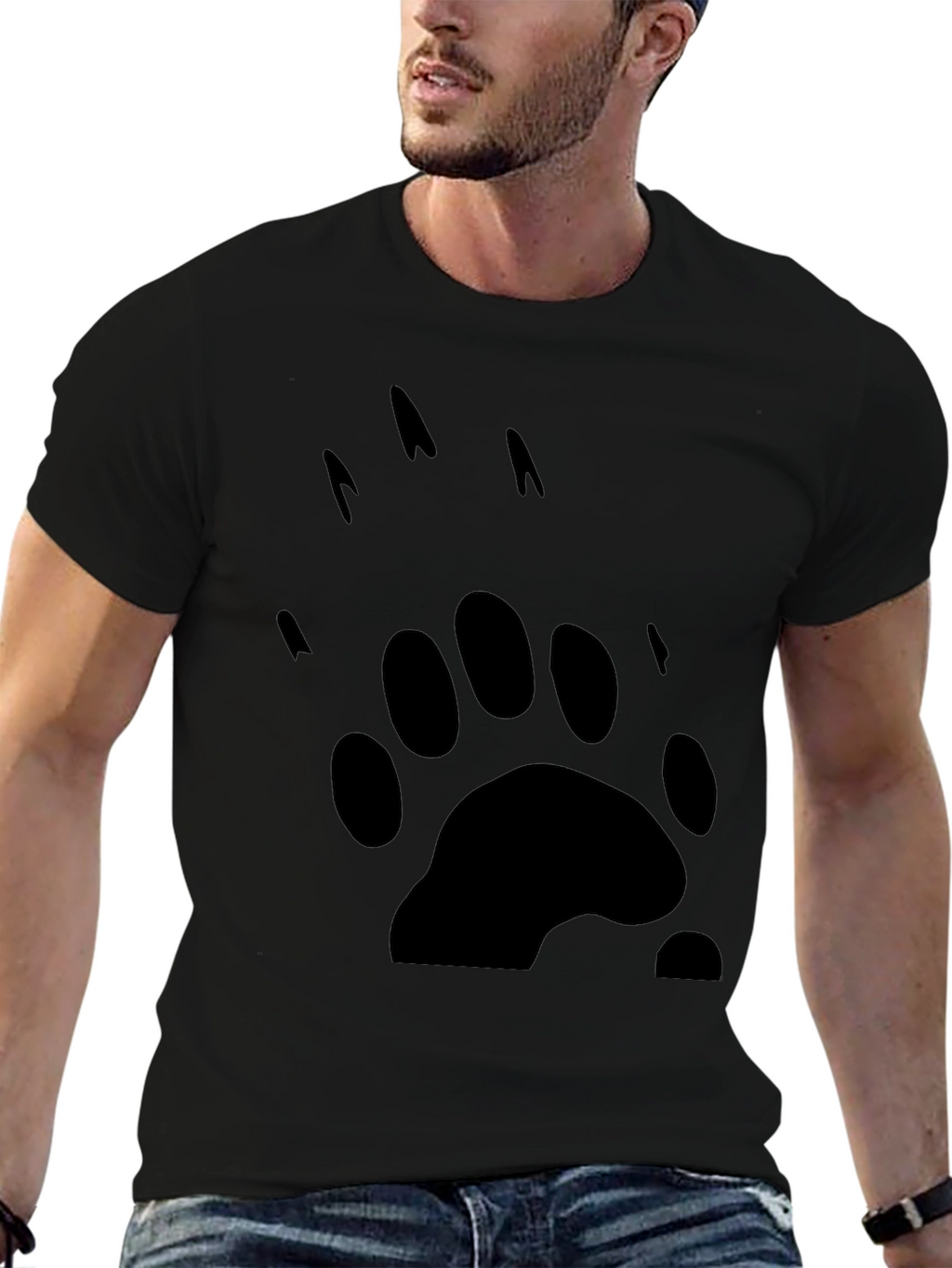 Bear Paw Print Graphic Tee - Black Cotton T-Shirt