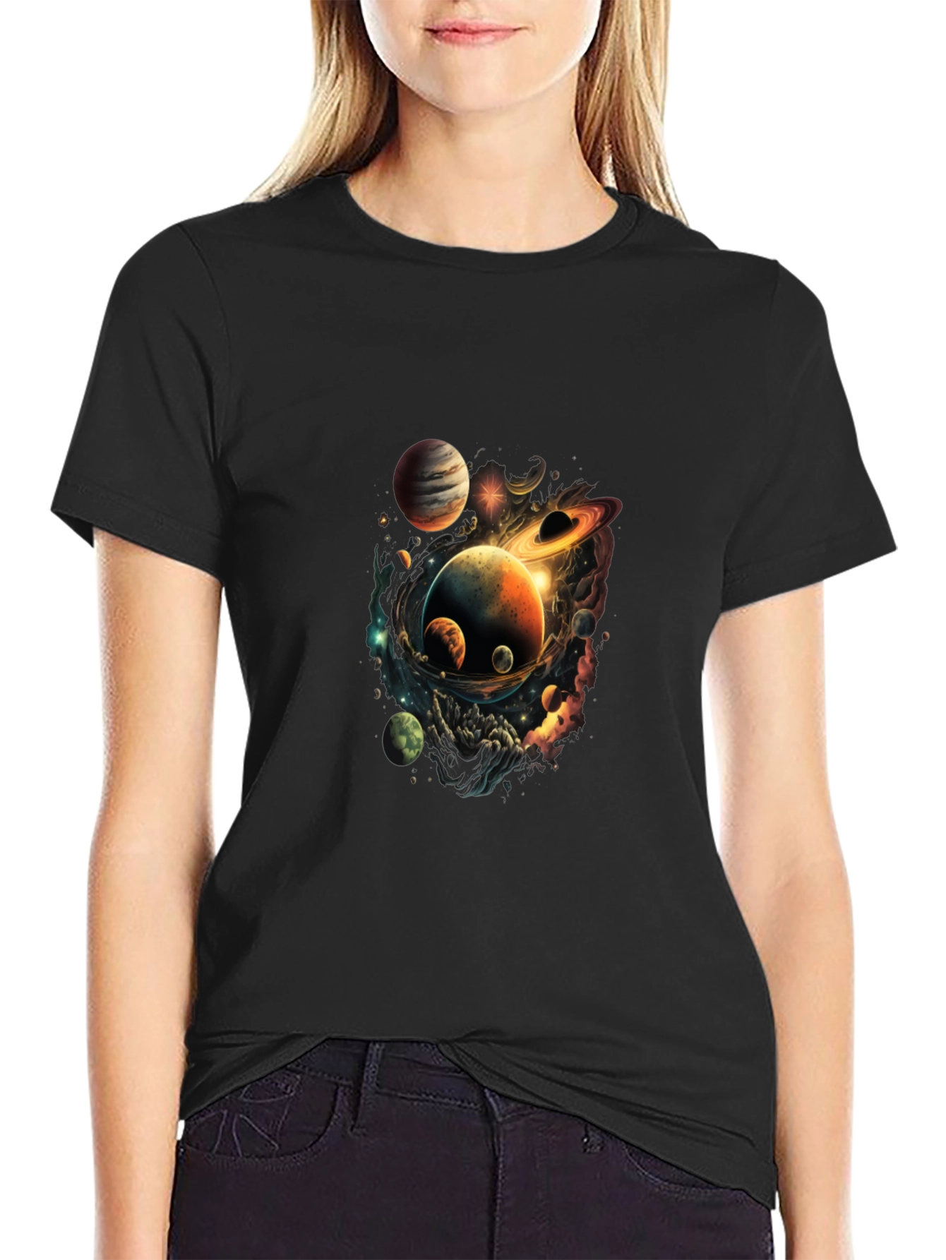 Cosmic Planets Graphic Black T-Shirt
