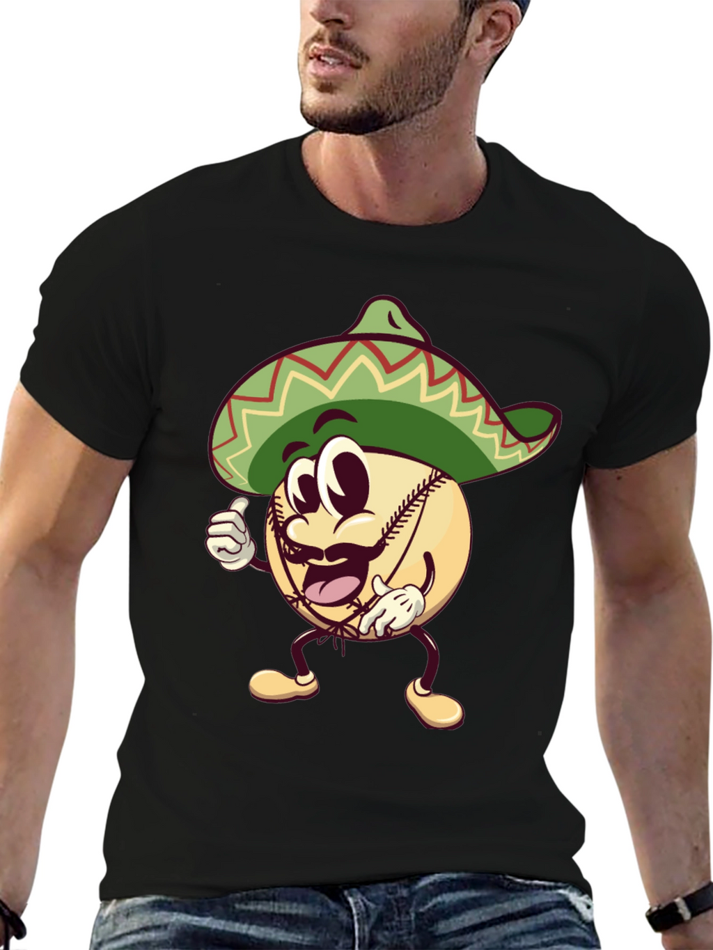 Baseball Man Sombrero Black T-Shirt