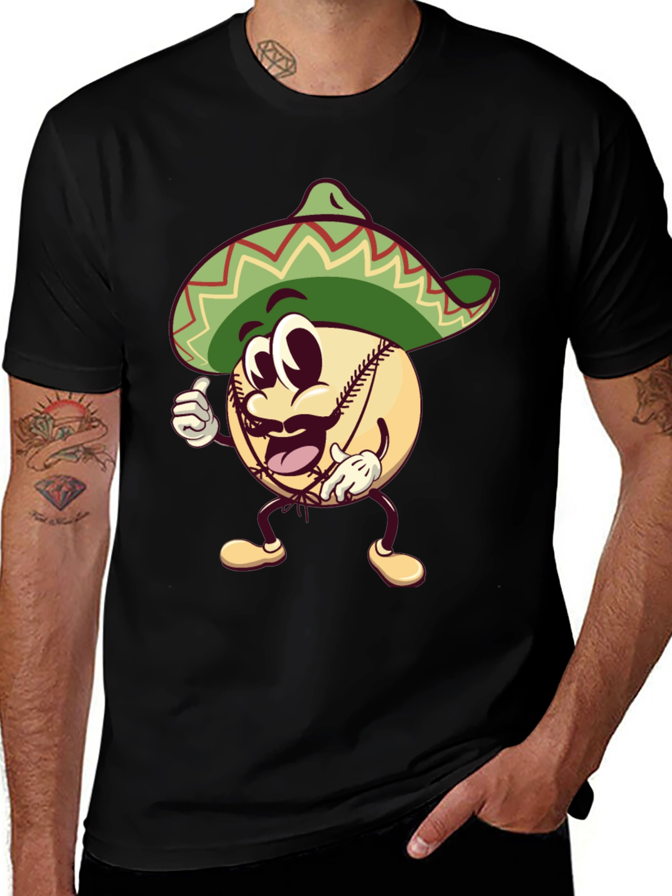Baseball Man Sombrero Black T-Shirt