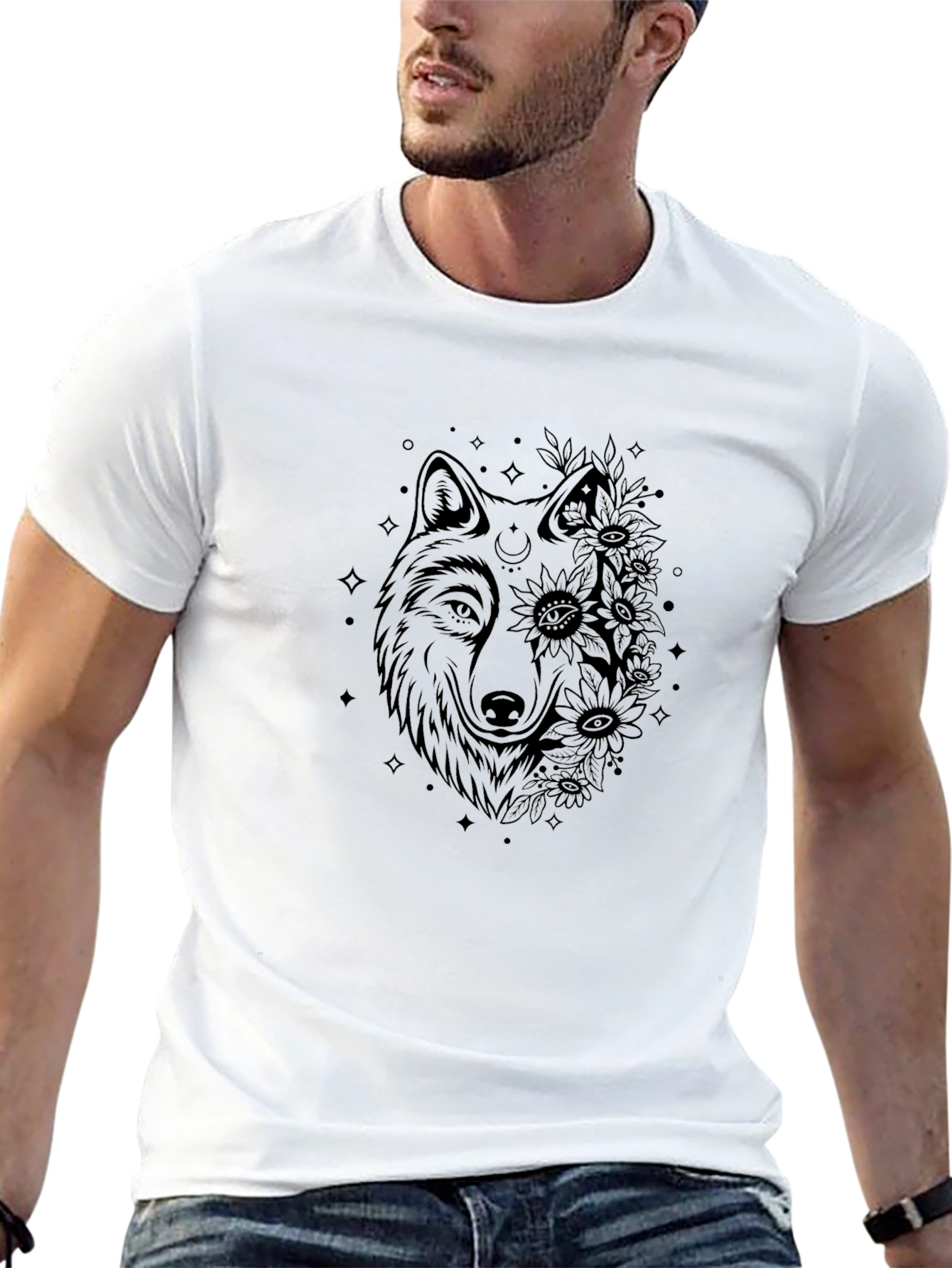 Wolf & Flowers Graphic Tee - Black Cotton Blend