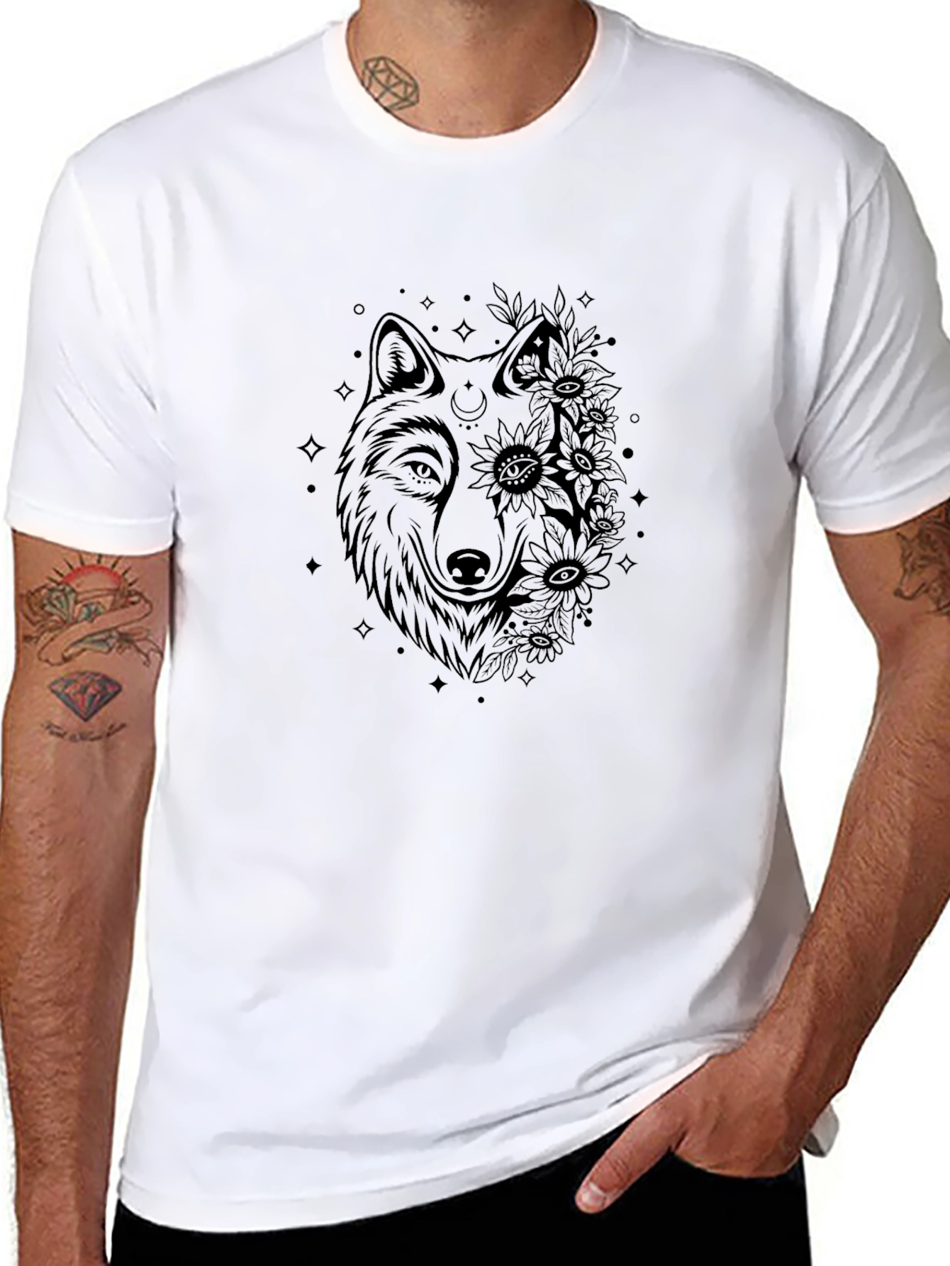 Wolf & Flowers Graphic Tee - Black Cotton Blend