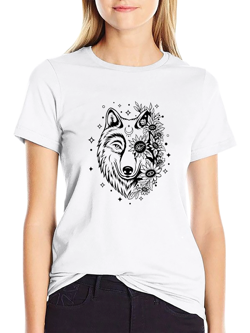 Wolf & Flowers Graphic Tee - Black Cotton Blend