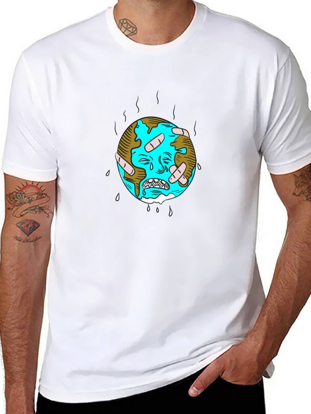 Distressed Earth Graphic Tee - Black Cotton T-Shirt