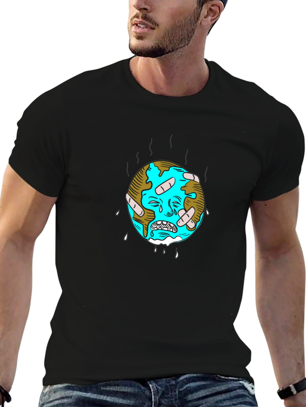 Distressed Earth Graphic Tee - Black Cotton T-Shirt