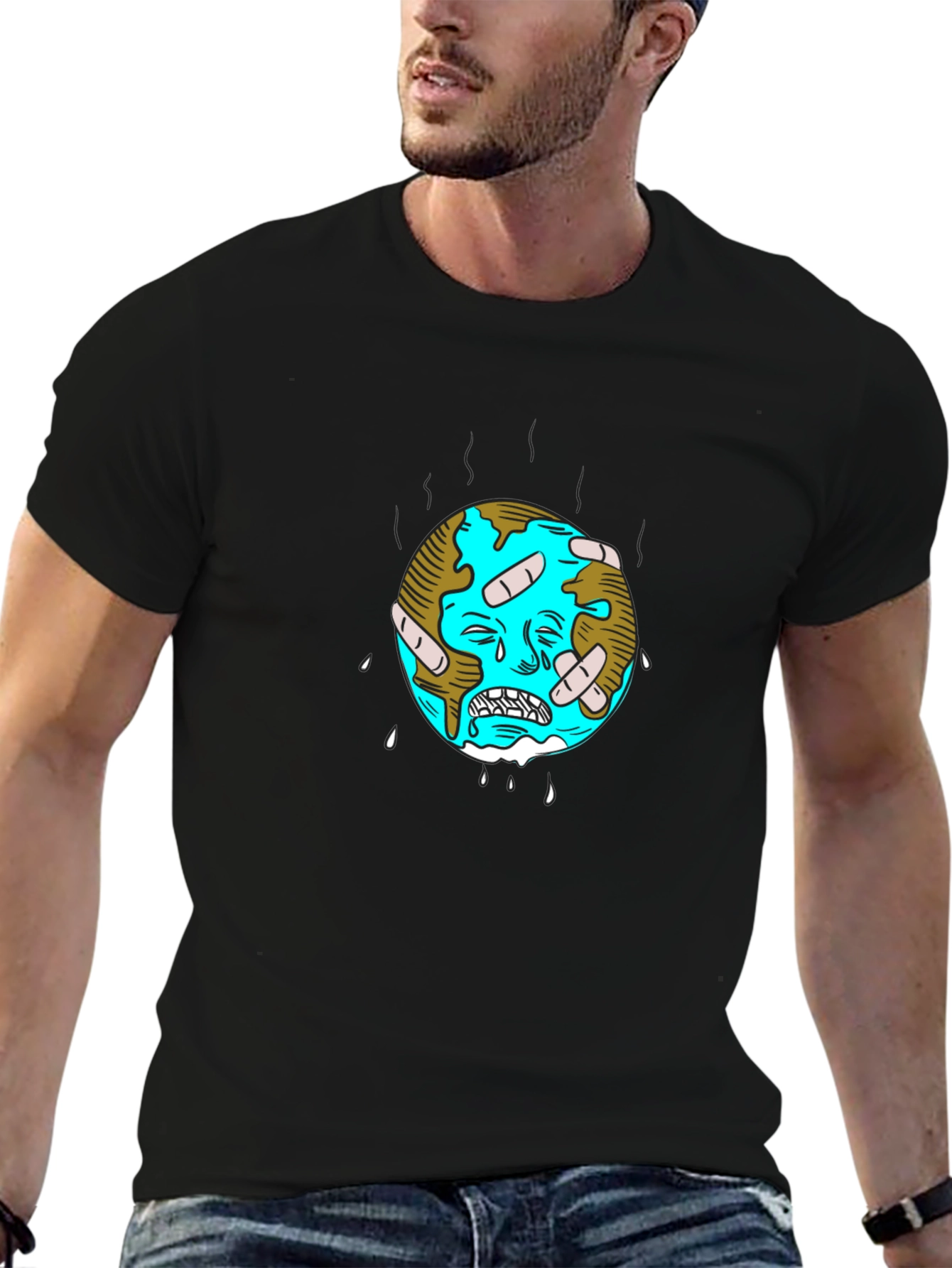 Distressed Earth Graphic Tee - Black Cotton T-Shirt