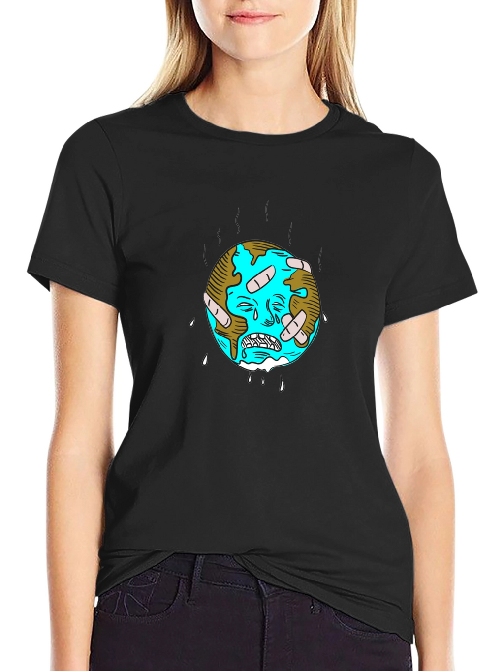 Distressed Earth Graphic Tee - Black Cotton T-Shirt