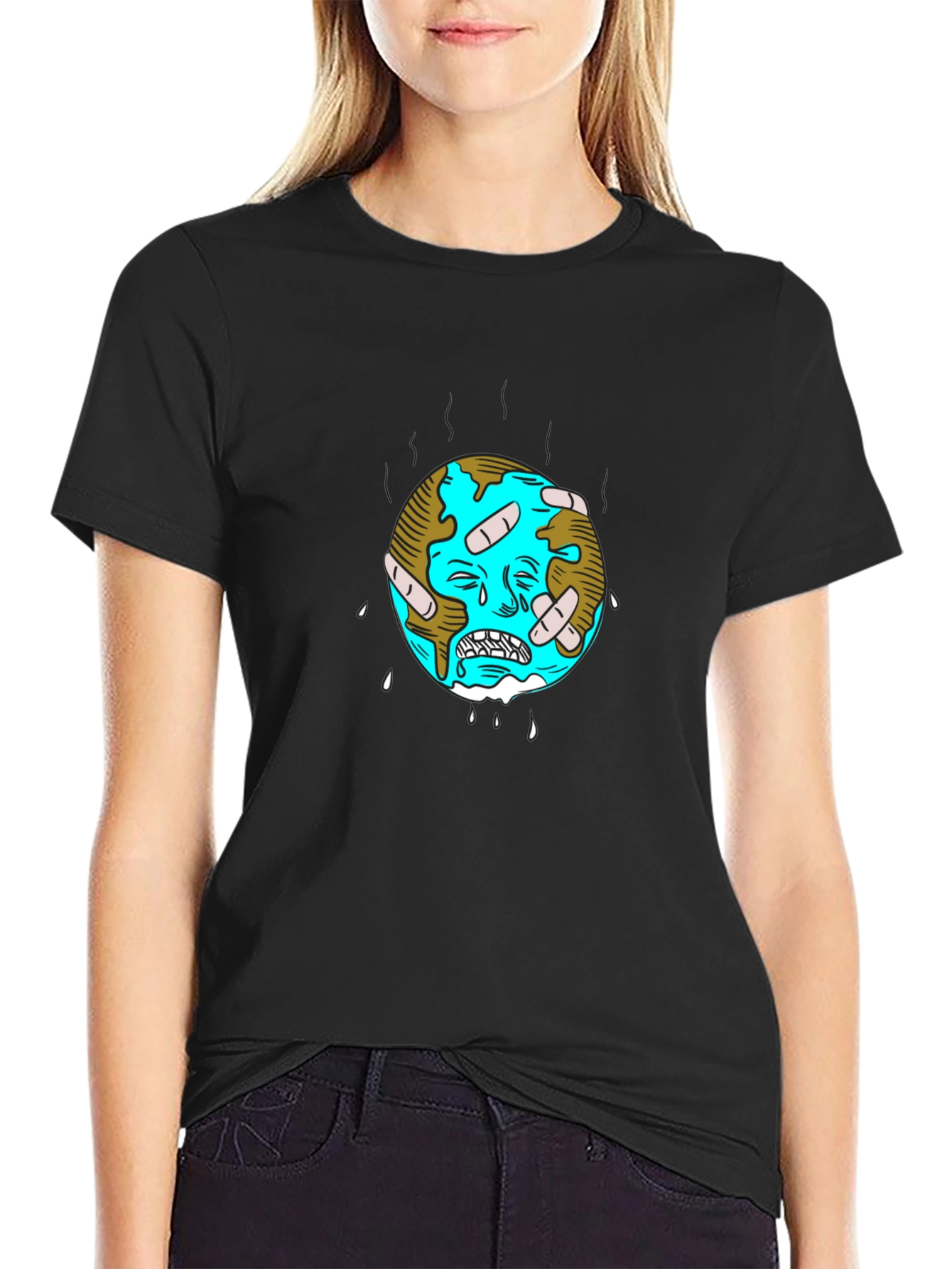 Distressed Earth Graphic Tee - Black Cotton T-Shirt
