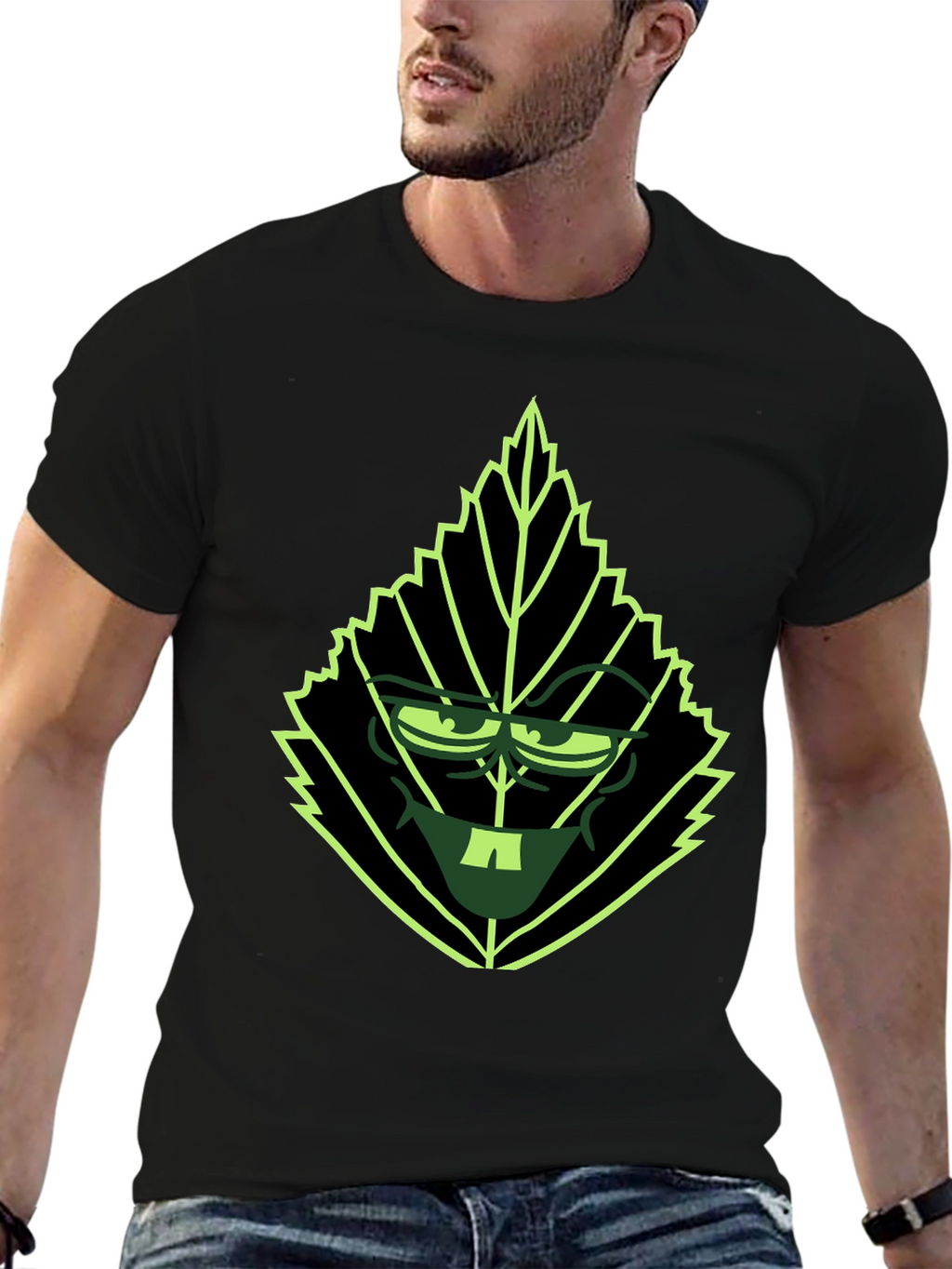 Leaf Character Graphic Tee - Black Cotton Blend