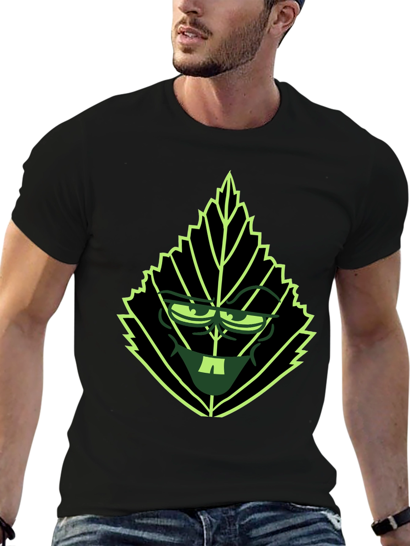Leaf Character Graphic Tee - Black Cotton Blend