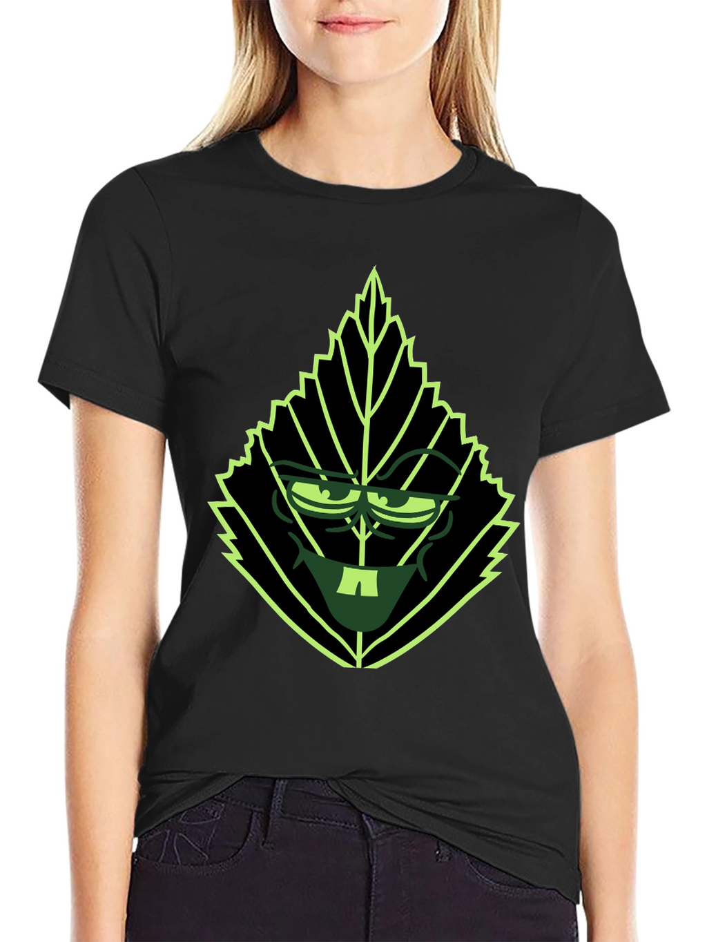 Leaf Character Graphic Tee - Black Cotton Blend