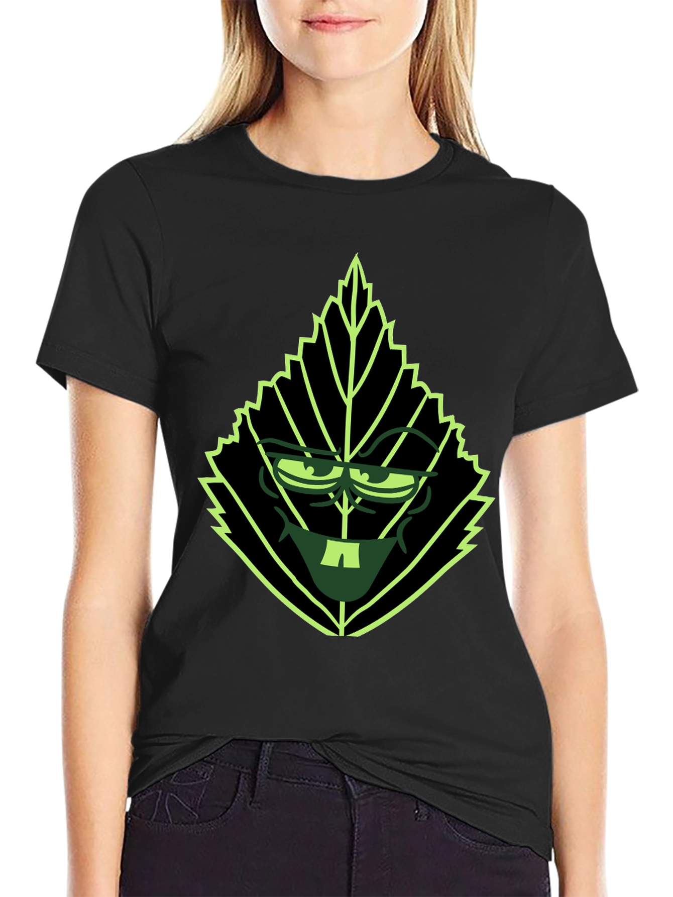 Leaf Character Graphic Tee - Black Cotton Blend