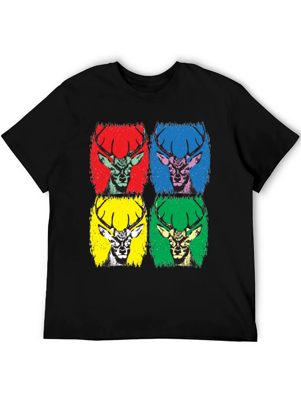 Pop Art Deer Graphic Tee - Black Cotton T-Shirt