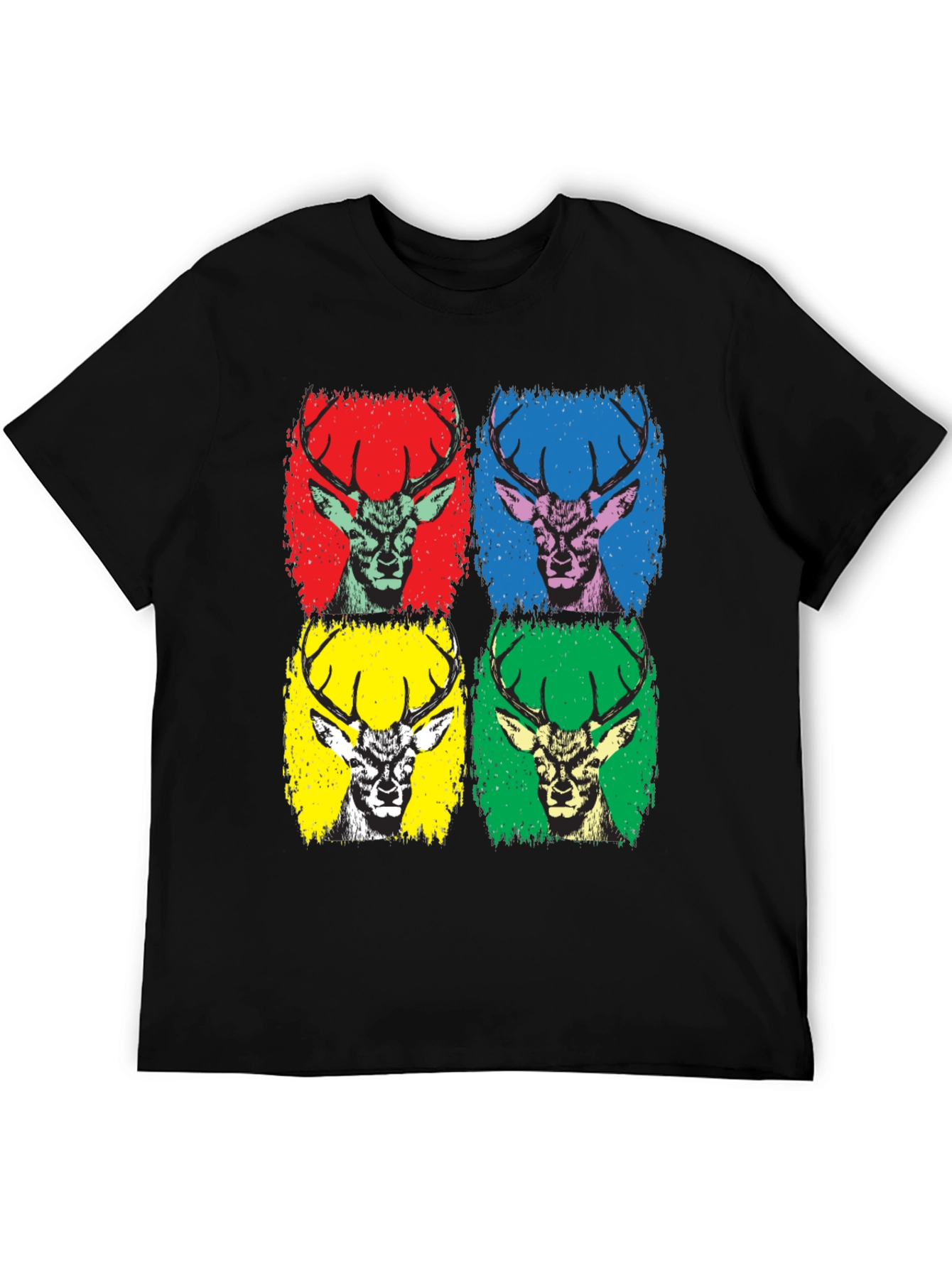Pop Art Deer Graphic Tee - Black Cotton T-Shirt