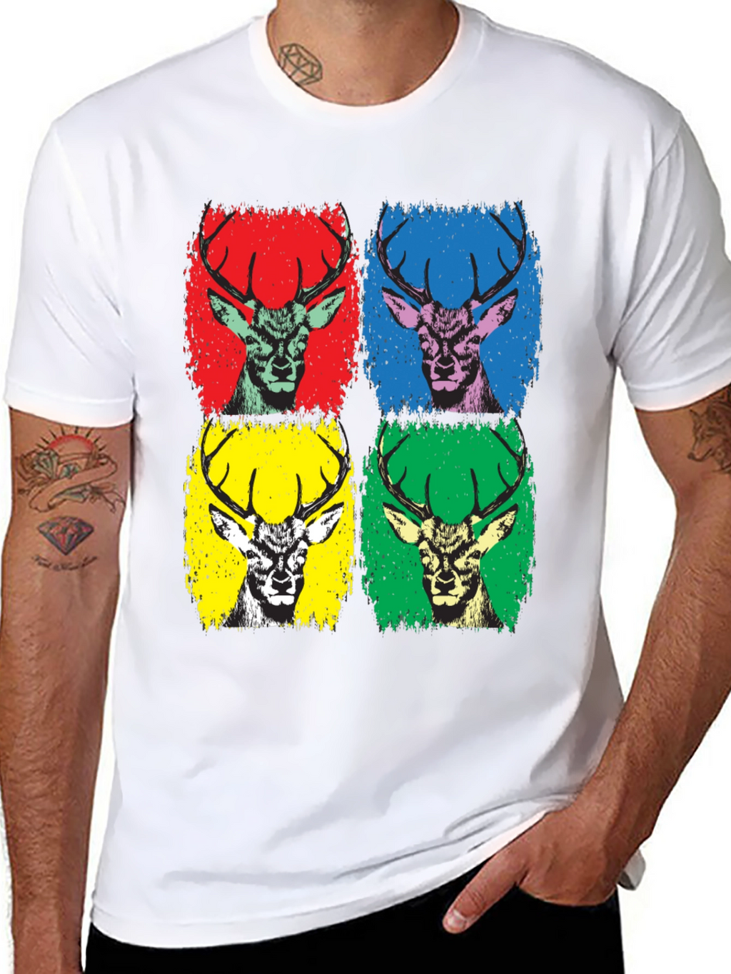 Pop Art Deer Graphic Tee - Black Cotton T-Shirt