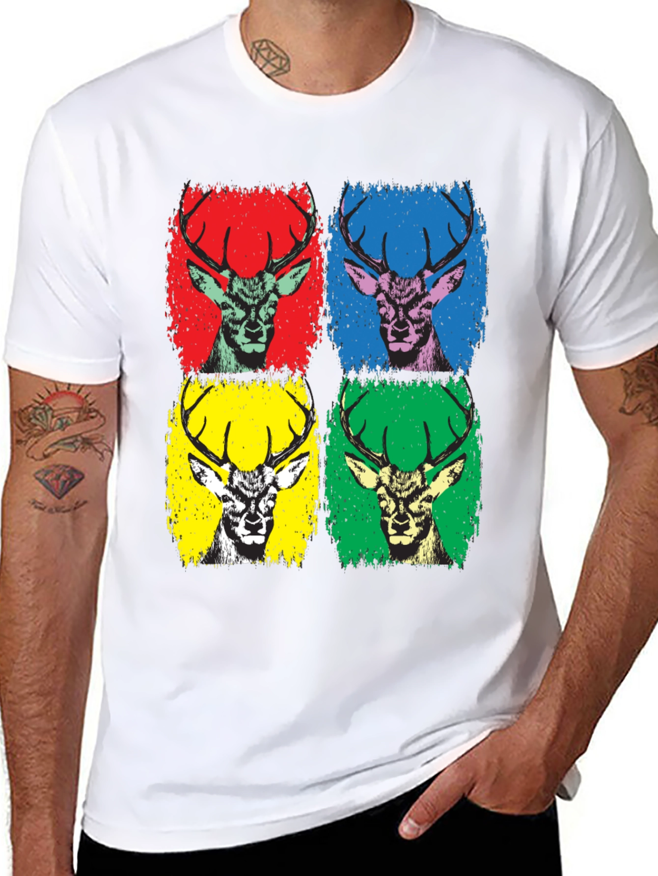 Pop Art Deer Graphic Tee - Black Cotton T-Shirt